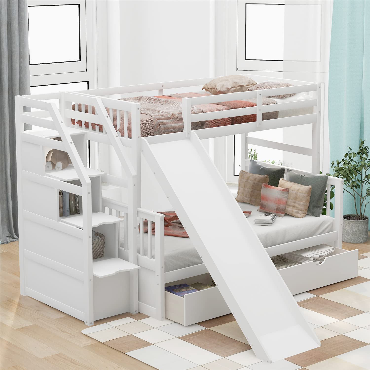 Twin Over Full Bunk Bed with Slide & Storage - White Wooden Bunk Bed for Kids' Bedroom