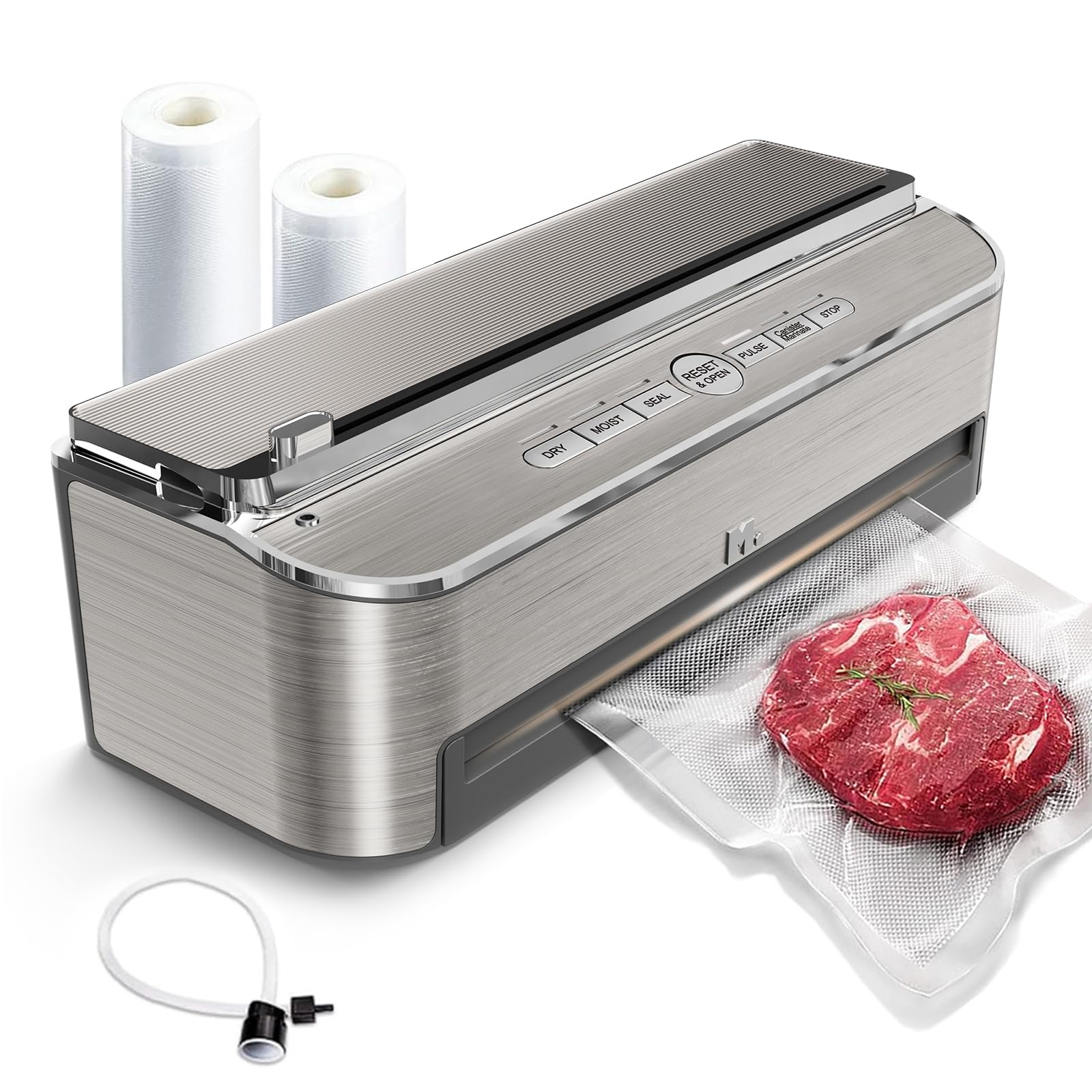 Powerful 120W Automatic Vacuum Sealer Machine with 85kPa Strong Suction | Built-in Cutter & Moist Mode | Includes 2 Bag Rolls + 5 Pre-cut Bags | Perfect for Food Storage, Meal Prep & Sous Vide Cooking | Air Suction Hose for Marinating & Liquid Foods