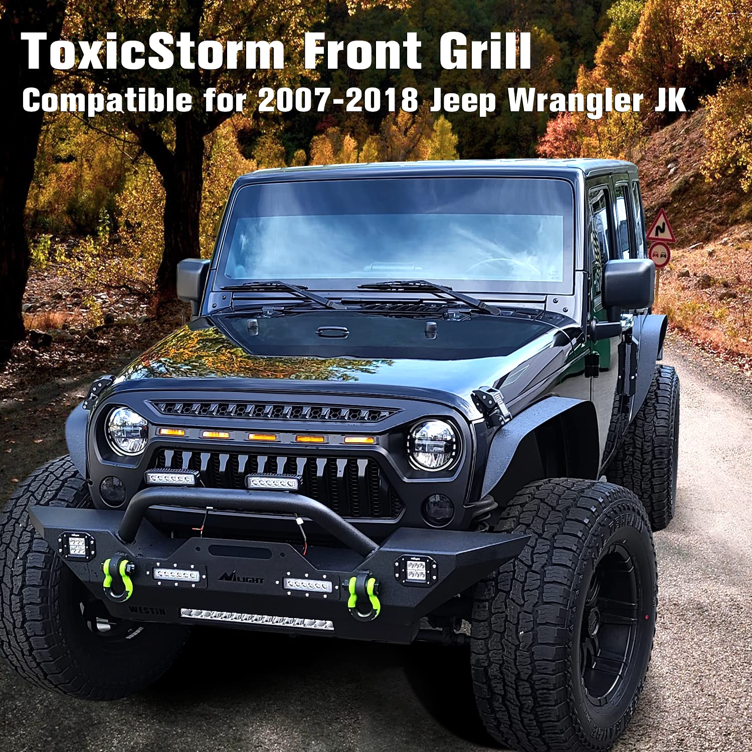 2007-2018 Jeep Wrangler JK JKU Front Grill Mesh Cover - Matte Black ABS with Amber LED Running Lights | Fits Unlimited Rubicon Sahara Sport Models | Off-Road Protection & Style Upgrade