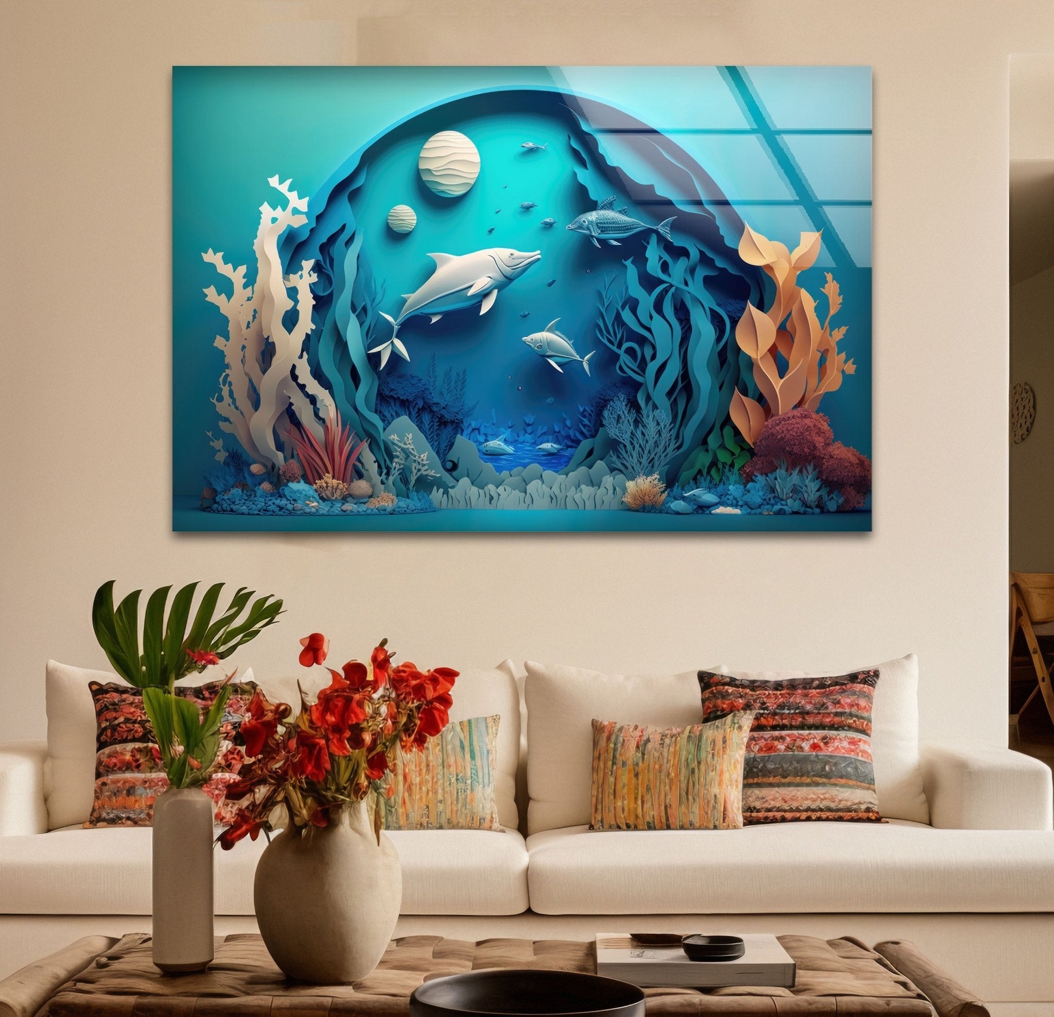 3D Fishes Paint Glass Wall Art - Handmade Ocean Themed Decor for Living Room, Bedroom, Bathroom - Perfect for Home, Office & Gift Giving
