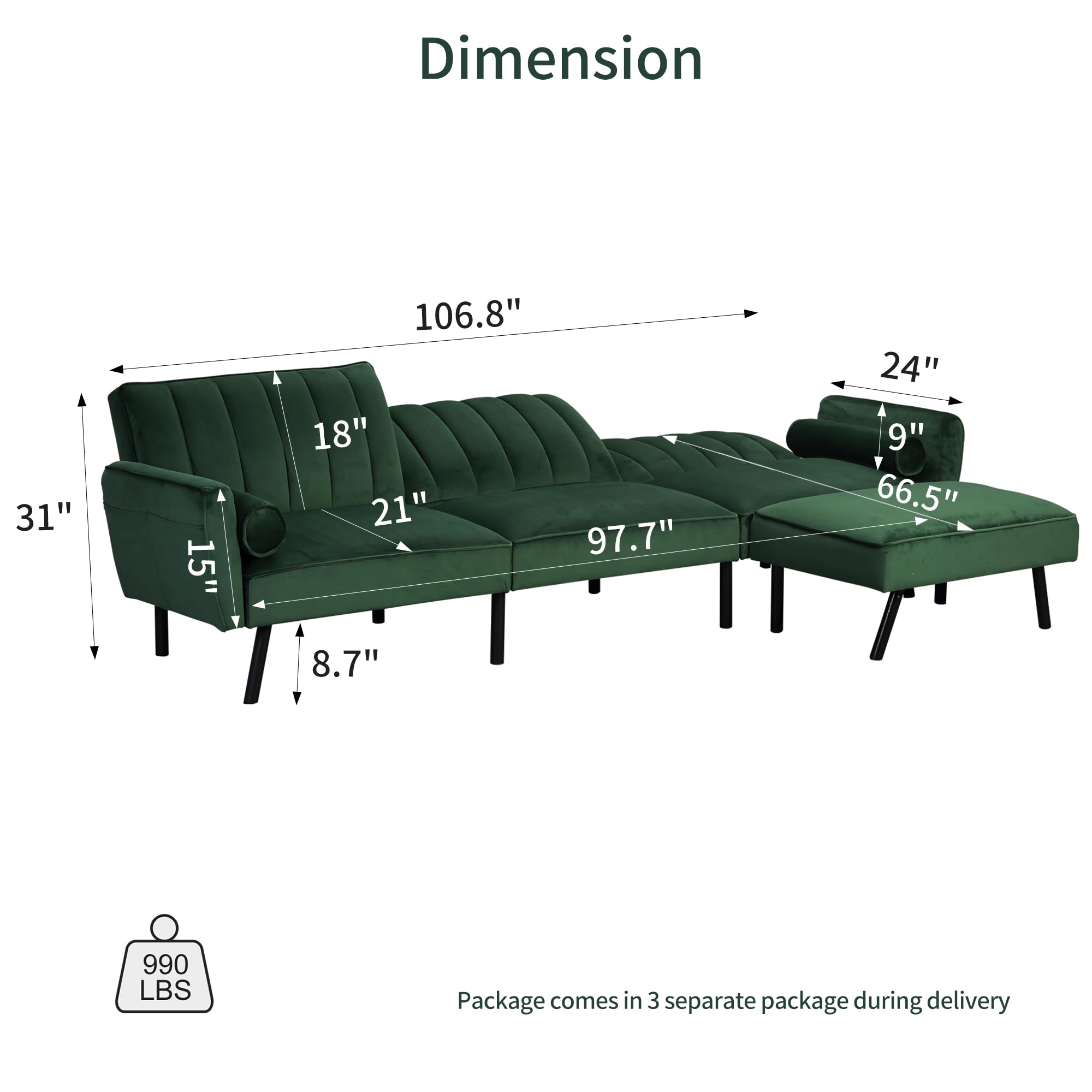 DURASPACE Velvet Convertible Sectional Sofa with Chaise & USB Ports, 106.5