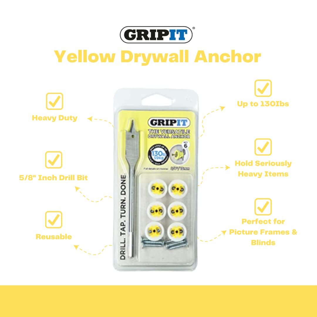 Heavy Duty Yellow Drywall Anchors Kit (130Ibs/59kg Capacity) - Includes Wall Anchors, Screws & 5/8