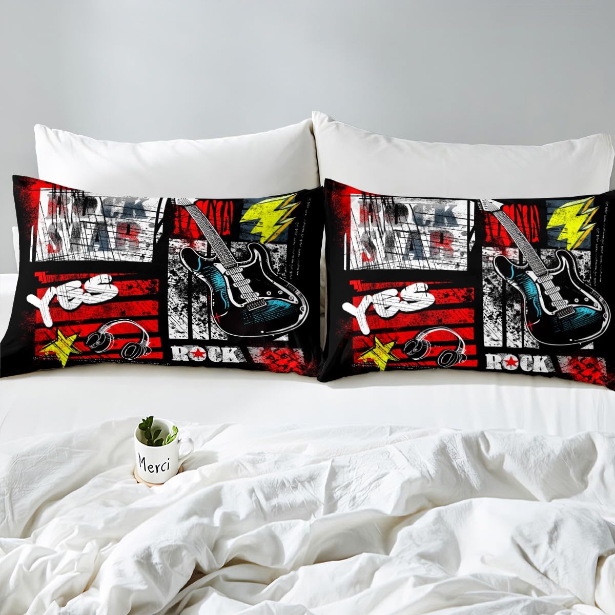 Manfei Rock Roll Duvet Cover Set Twin Size - Music Theme Guitar Headset Bedding for Kids Boys Teens - Graffiti Style Comforter Cover with Pillowcase (No Filler) - Perfect for Rock Music Lovers' Bedroom Decor & Teen Boy's Themed Room