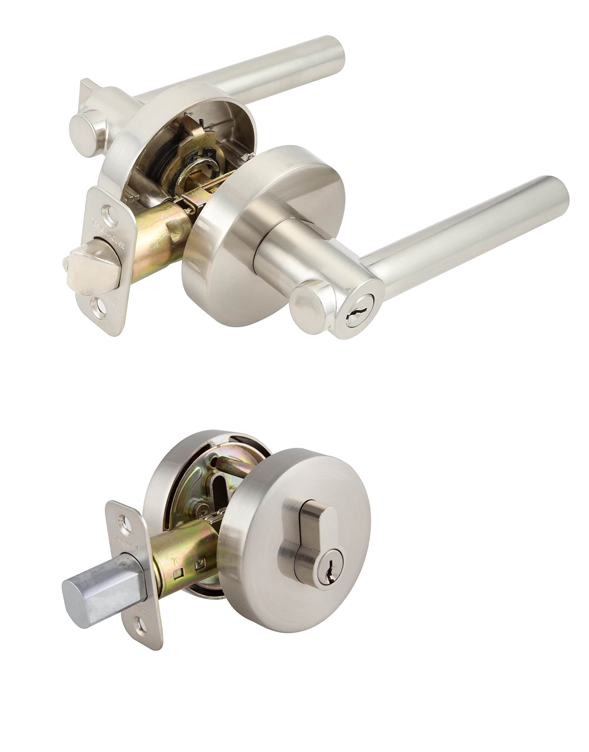 Design House 580985 Eastport Entry Combo - 6-Piece Satin Nickel Door Hardware Set for Home & Office Entryway (Includes Knob, Lever, Deadbolt & Strike Plate) - Perfect for Front Doors, Back Doors & Interior Doors