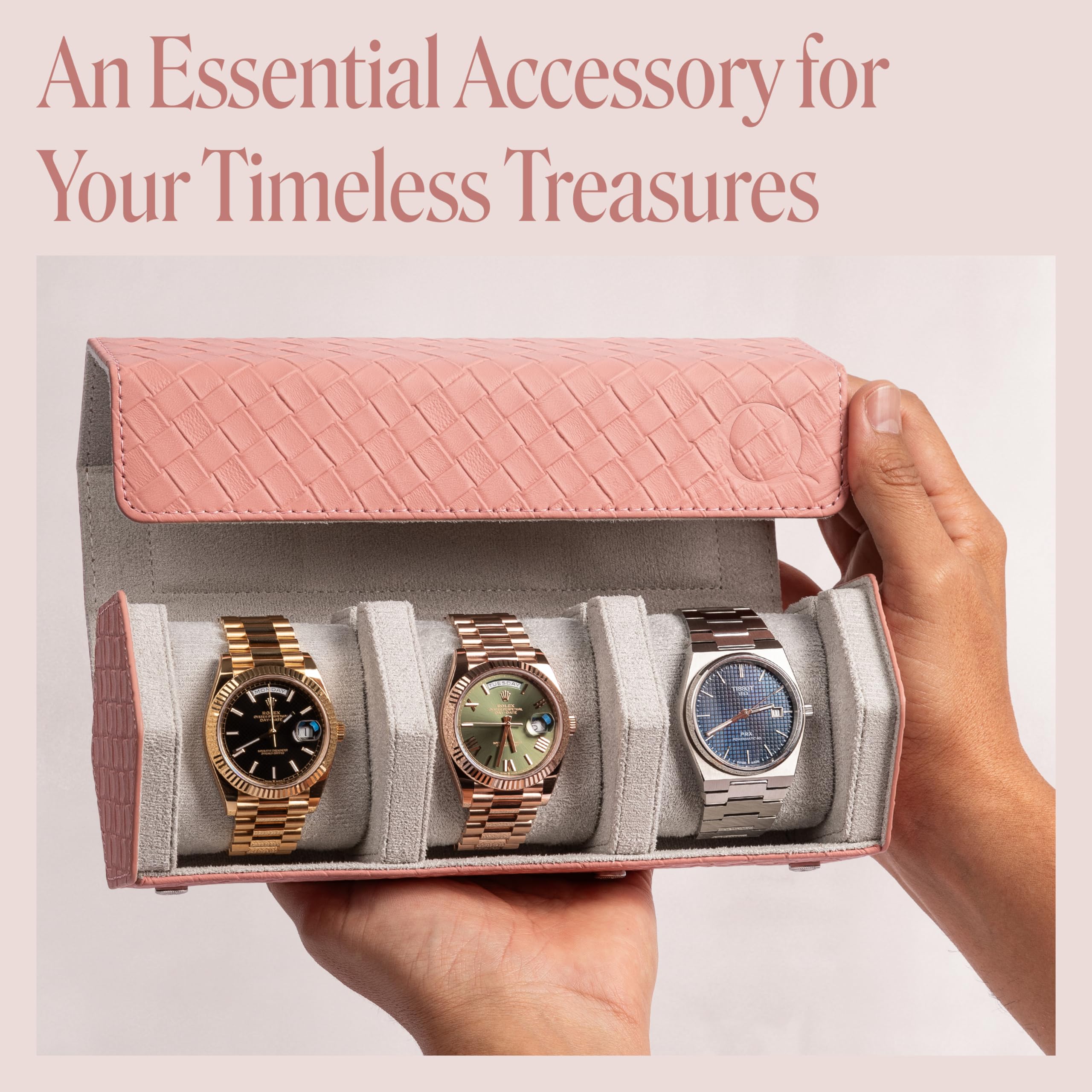 Women's Genuine Leather Hexagon Triple Watch Roll Travel Case - Storage Organizer for 3 Watches with Velvet Interior (Woven Pink/Gray) - Perfect for Travel, Display & Watch Collection Organization