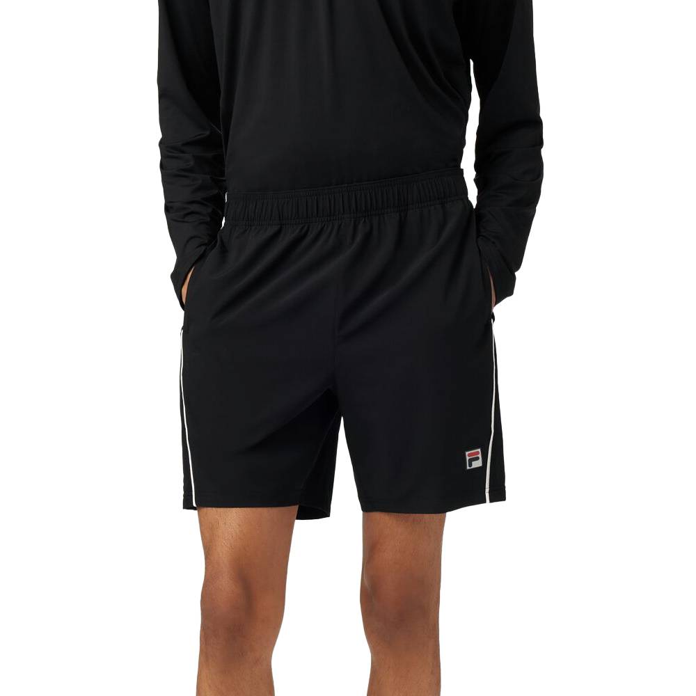 Fila Men's Piped Stretch Woven Athletic Shorts - Black/White - Comfortable Workout & Casual Wear for Running, Gym, and Everyday Use