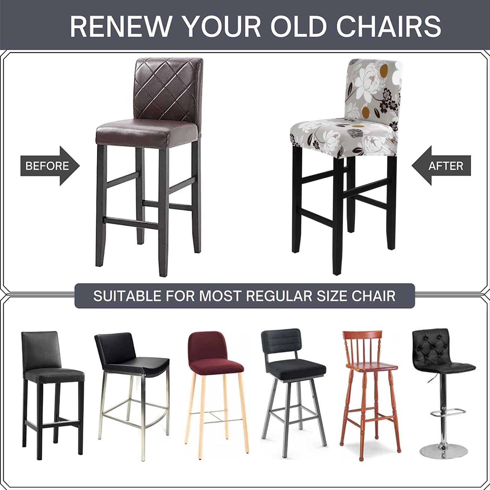 Stretch Washable Bar Stool Covers Set of 4 - Counter Height Seat Covers for Kitchen, Dining Room & Cafe - Booming Flower Design - Perfect for Home Decor, Restaurant Upgrade & Indoor Furniture Protection