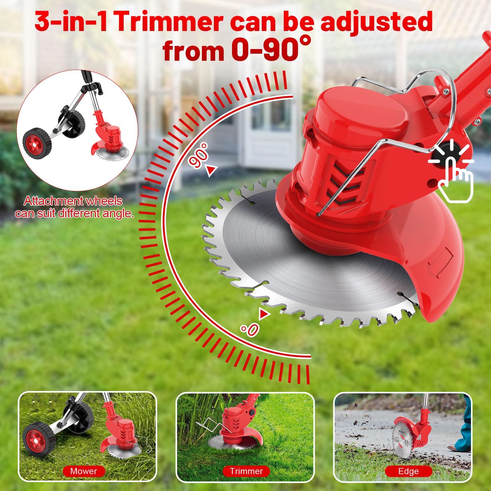 21V 2000mAh Cordless Electric Weed Wacker with 2 Batteries & Charger - 3-in-1 Wheeled String Trimmer, Lawn Edger and Grass Cutter - Perfect for Backyard Maintenance, Garden Trimming and Landscape Edging