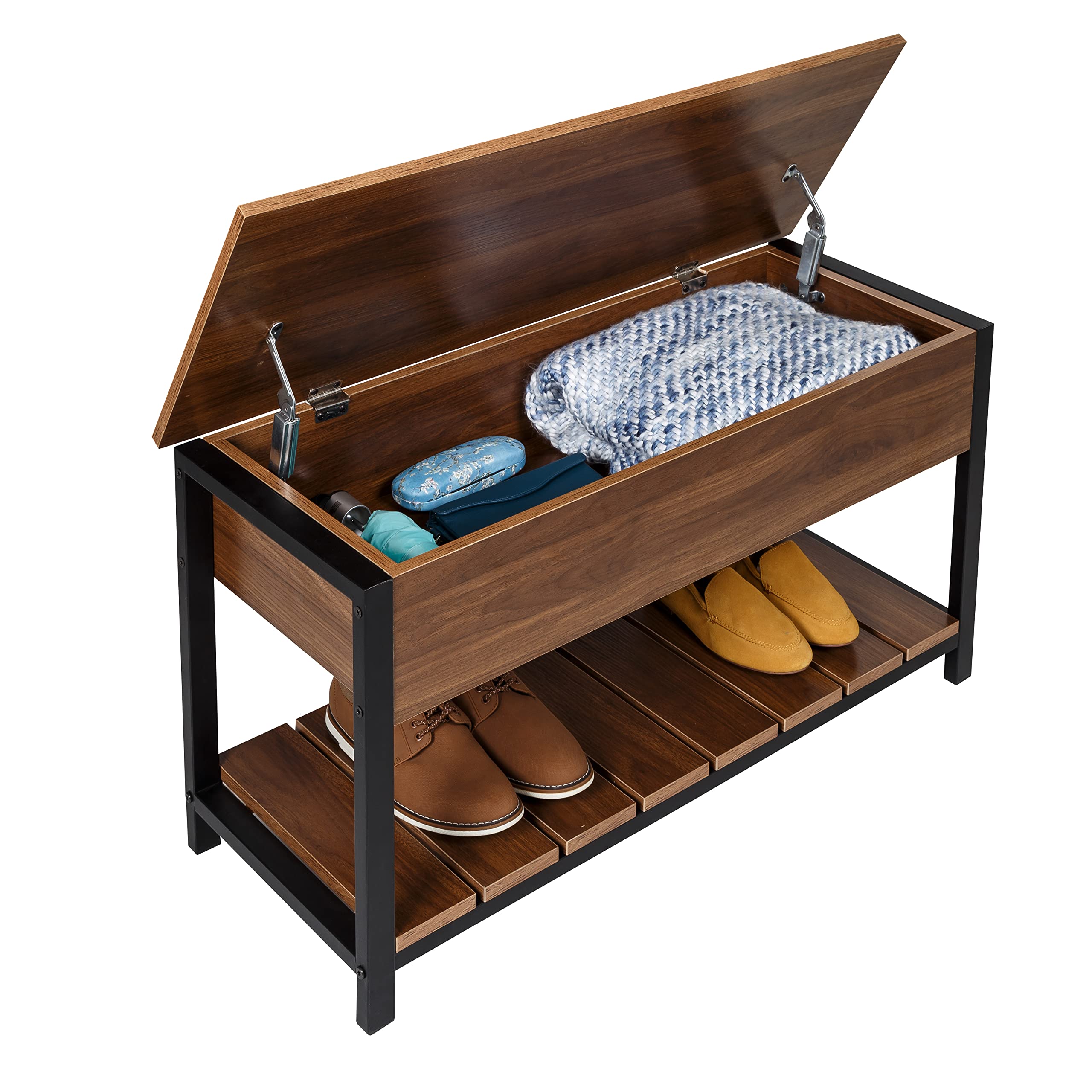 Honey-Can-Do Entryway Shoe Storage Bench with 250 lbs Weight Capacity - Walnut Finish STO-09776 | Perfect for Mudroom, Hallway & Small Space Organization