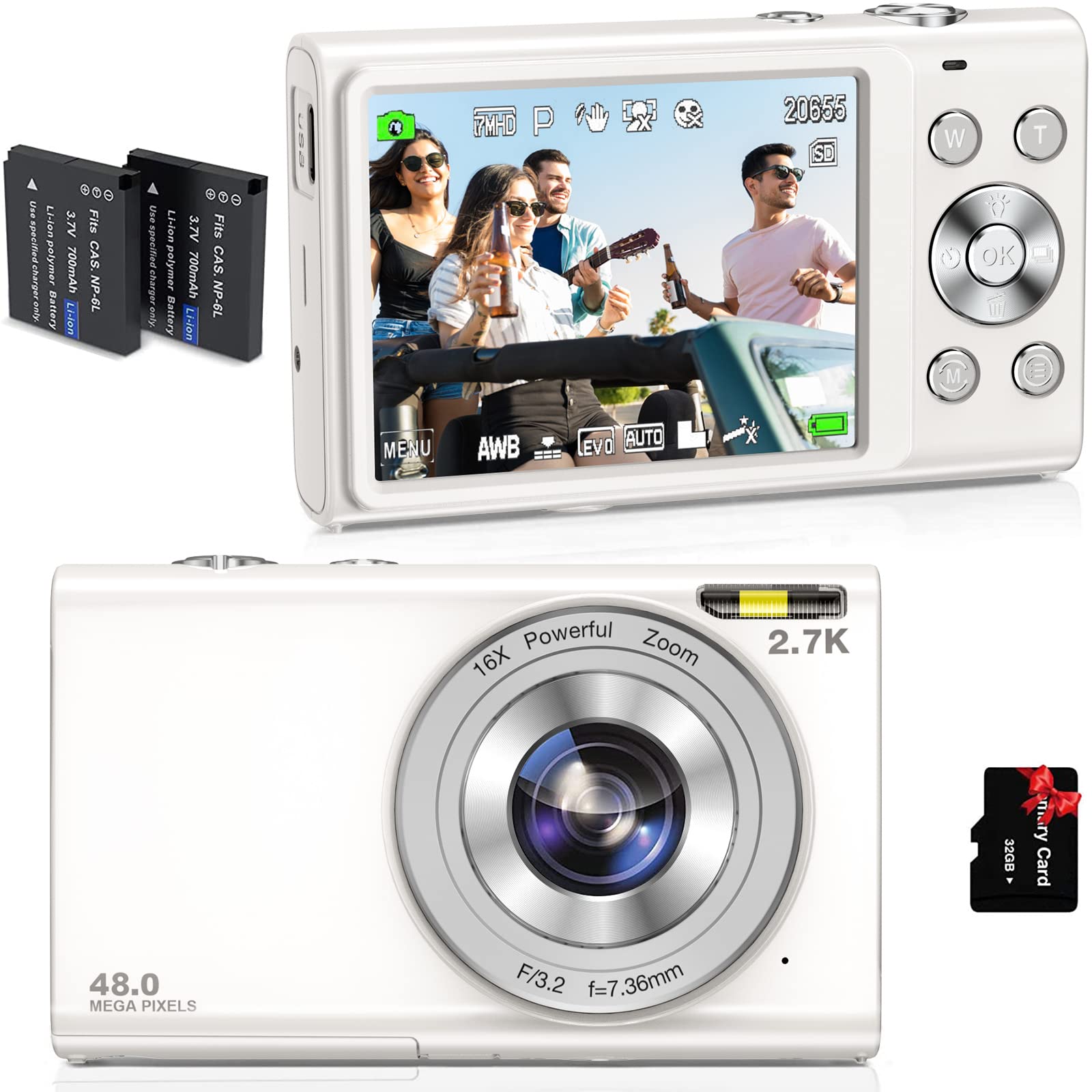 2.7K HD 48MP Vlogging Camera with Auto Focus & 16X Digital Zoom | Includes 32GB Memory Card & 2 Batteries | Compact Portable Digital Camera for YouTube, Travel, Family Events (Perfect for Kids, Teens & Beginner Photographers)