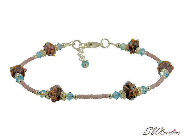 Aqua Crystal Beaded Anklet - Handmade Glass Lampwork Ankle Bracelet for Women, Beach Wedding, Boho Fashion Accessory