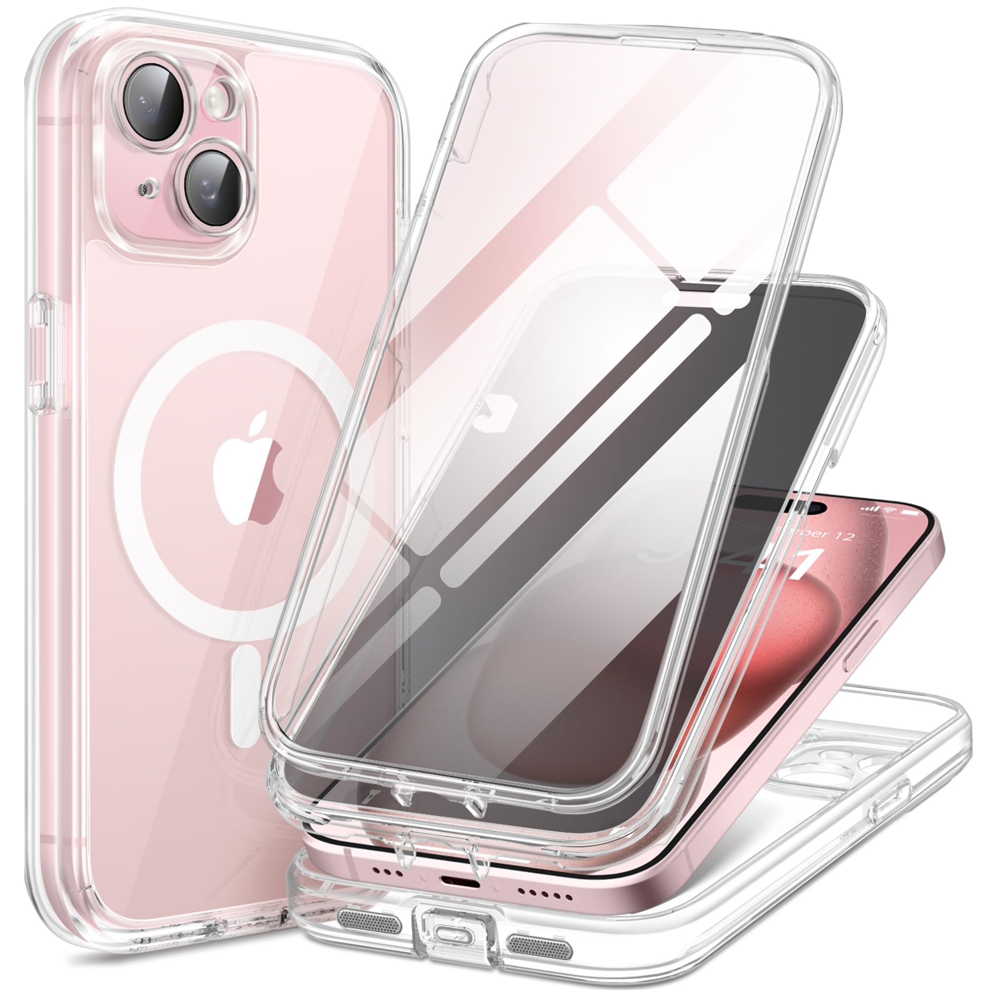 Magnetic iPhone 15 Plus Case with Magsafe Compatibility - Dustproof Design, Built-in Privacy Screen Protector, 9H Tempered Glass & Upgraded Camera Protection - Clear Protective Cover for Work, Travel & Daily Use