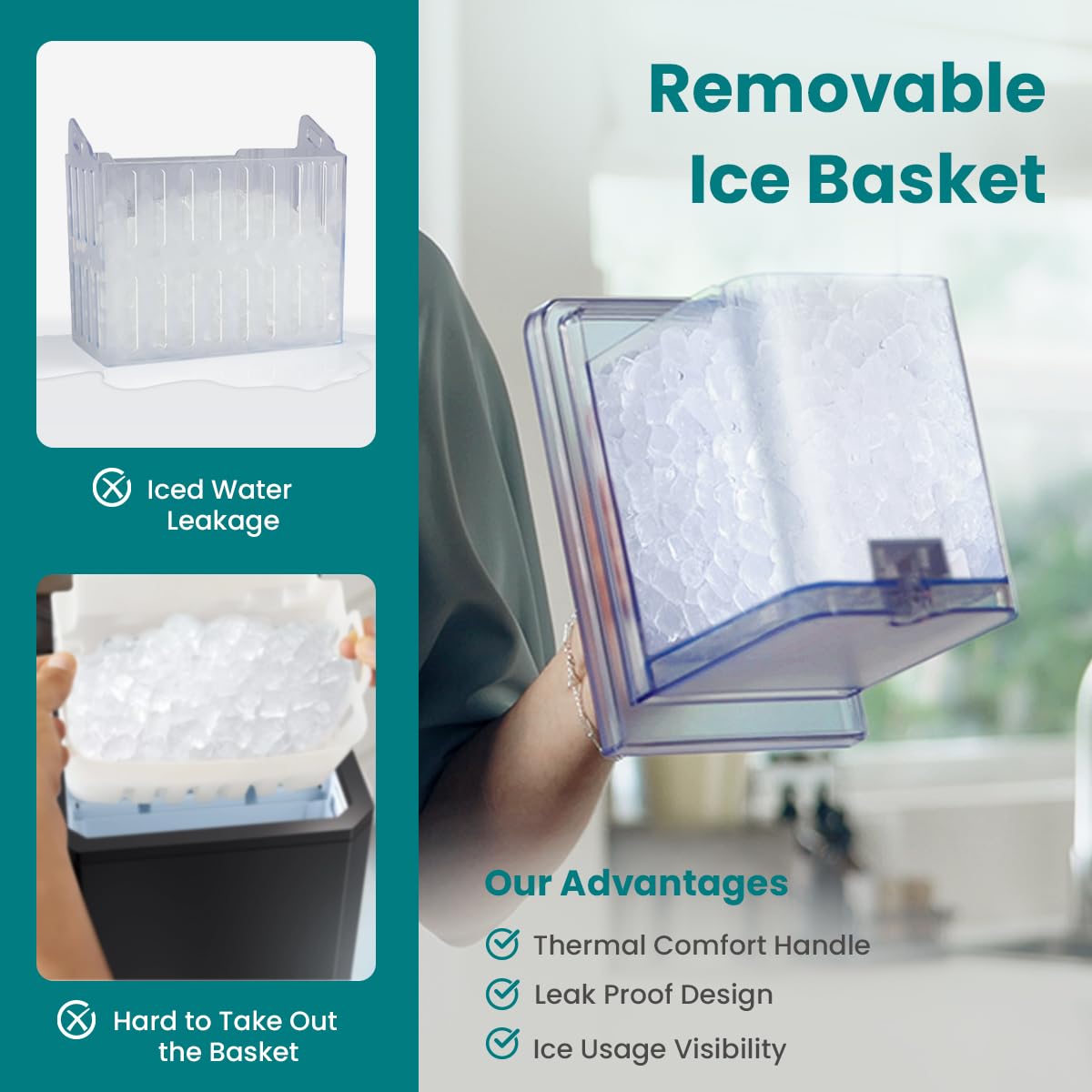 Gevi Adella Gemi Countertop Nugget Ice Maker - 40 lbs/24H Chewable Pellet Ice Machine with 1 Gallon Side Tank & Portable Ice Basket, Self-Cleaning for Home, Office, Party & Outdoor Use