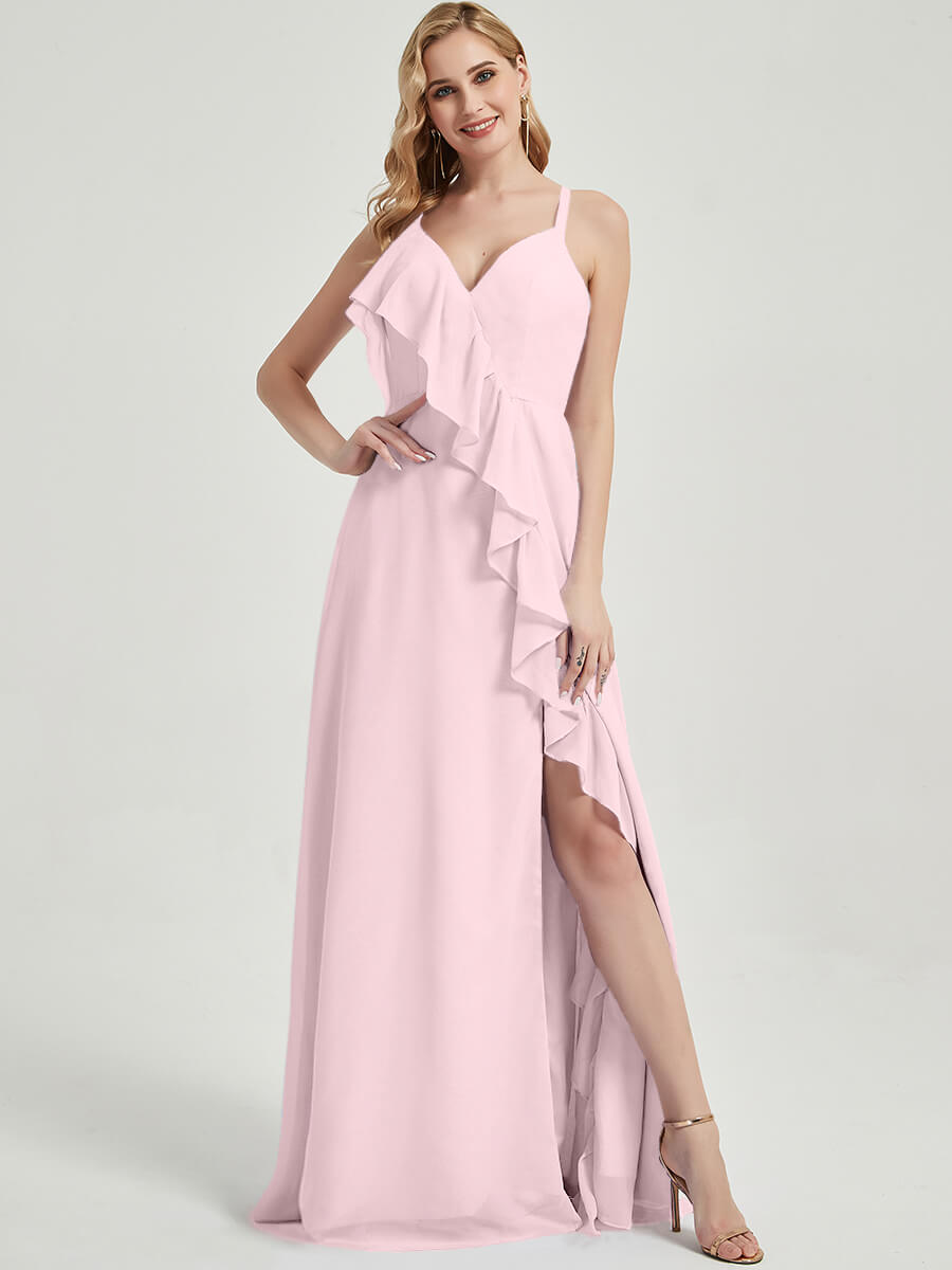 Elegant Blush Pink Criss Cross Straps Ruffled Chiffon Maxi Dress for Bridesmaids - Perfect for Weddings, Parties & Formal Events