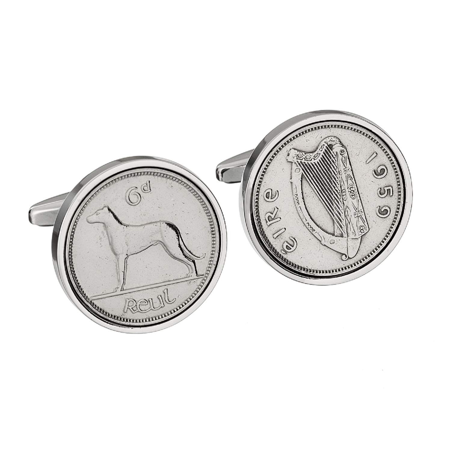 Vintage 1959 Irish Sixpence Rhodium Plated Cufflinks - Classic Retro Birthday Gift for Men, Father's Day, Wedding & Formal Occasions