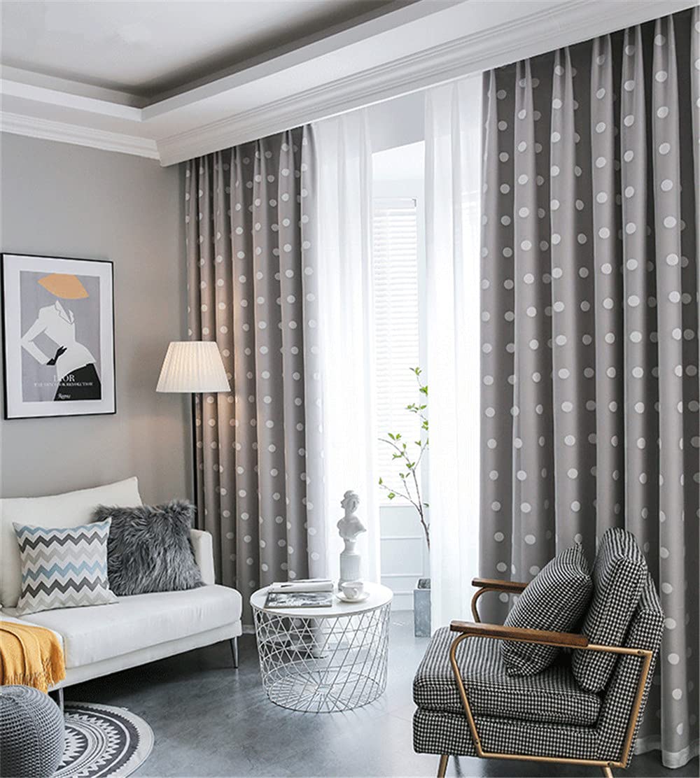 Double-Layer Blackout Curtains with White Polka Dot Embroidery & Sheer Panel - Thermal Insulated Grommet Top Window Drapes for Bedroom (1 Pair, Non-Removable Liner) - Perfect for Nursery, Living Room & Home Theater Light Blocking