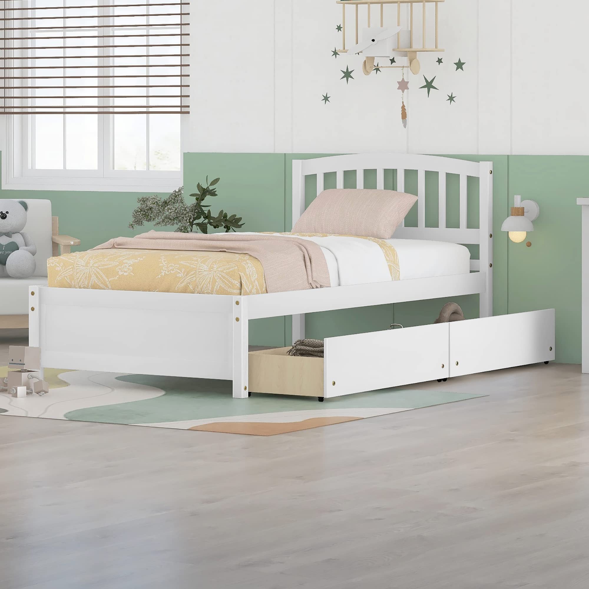 White Twin Wooden Bed Frame with Headboard, Footboard & Storage Drawers - Sturdy Platform Captain Bed for Kids, Teens & Adults | Perfect for Small Bedrooms, Guest Rooms & Dormitories