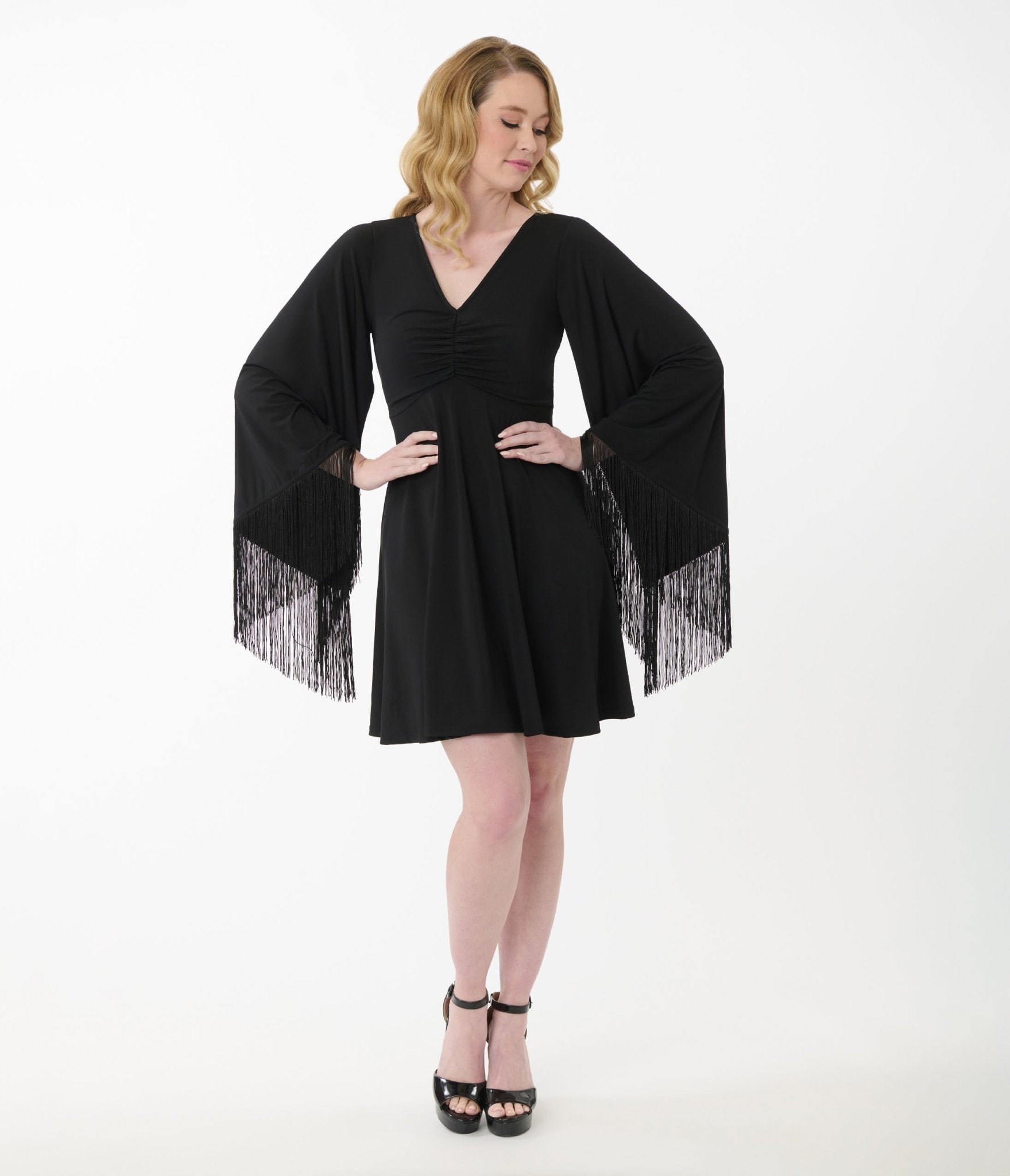 Smak Parlour Black Fringe Bell Sleeve Fit & Flare Dress | Women's Vintage Style Party Dress for Evening Out, Wedding Guest & Special Occasions