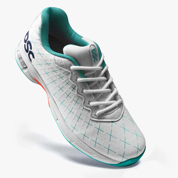 DSC Biffer 22 Cricket Shoes for Adults - White, Teal & Orange Colors - Perfect for Professional Matches & Training Sessions