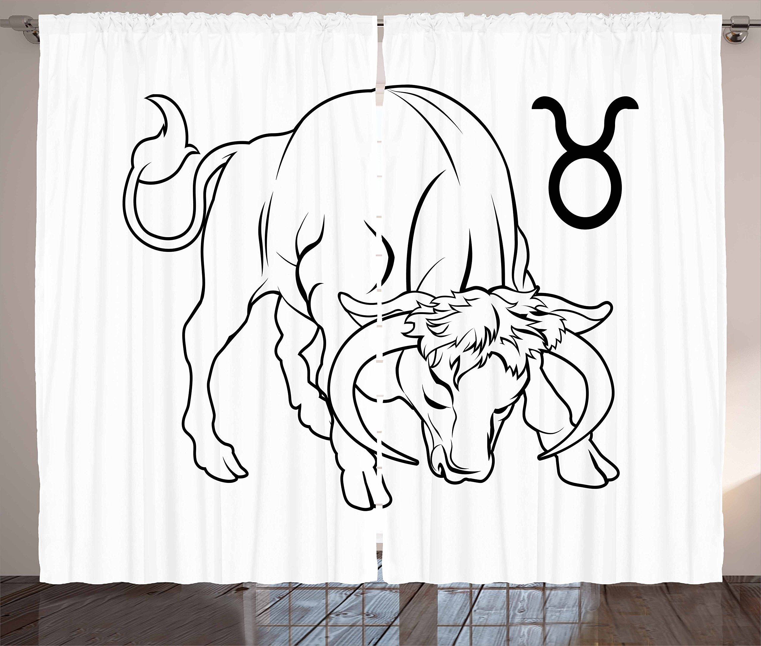 Ambesonne Zodiac Taurus Curtains - Hand Drawn Bull Outline with Horoscope Sign, Monochrome Black and White Window Drapes, 2 Panel Set (108