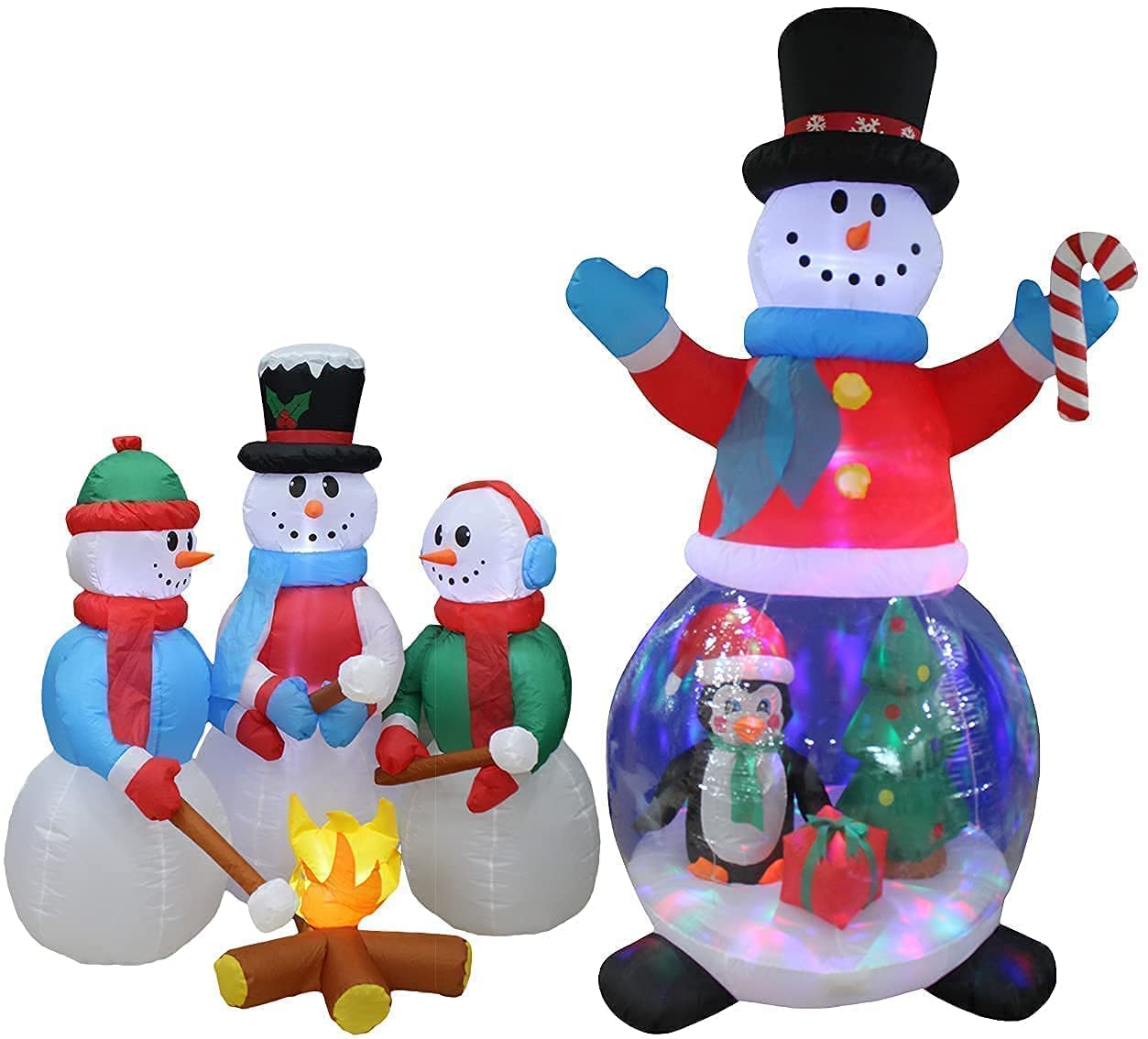 8ft Inflatable Snowman Globe with Penguin & Tree + 5ft Snowman Campfire Blowup with Lights - Christmas Party Decorations Bundle for Outdoor Yard & Indoor Holiday Decor