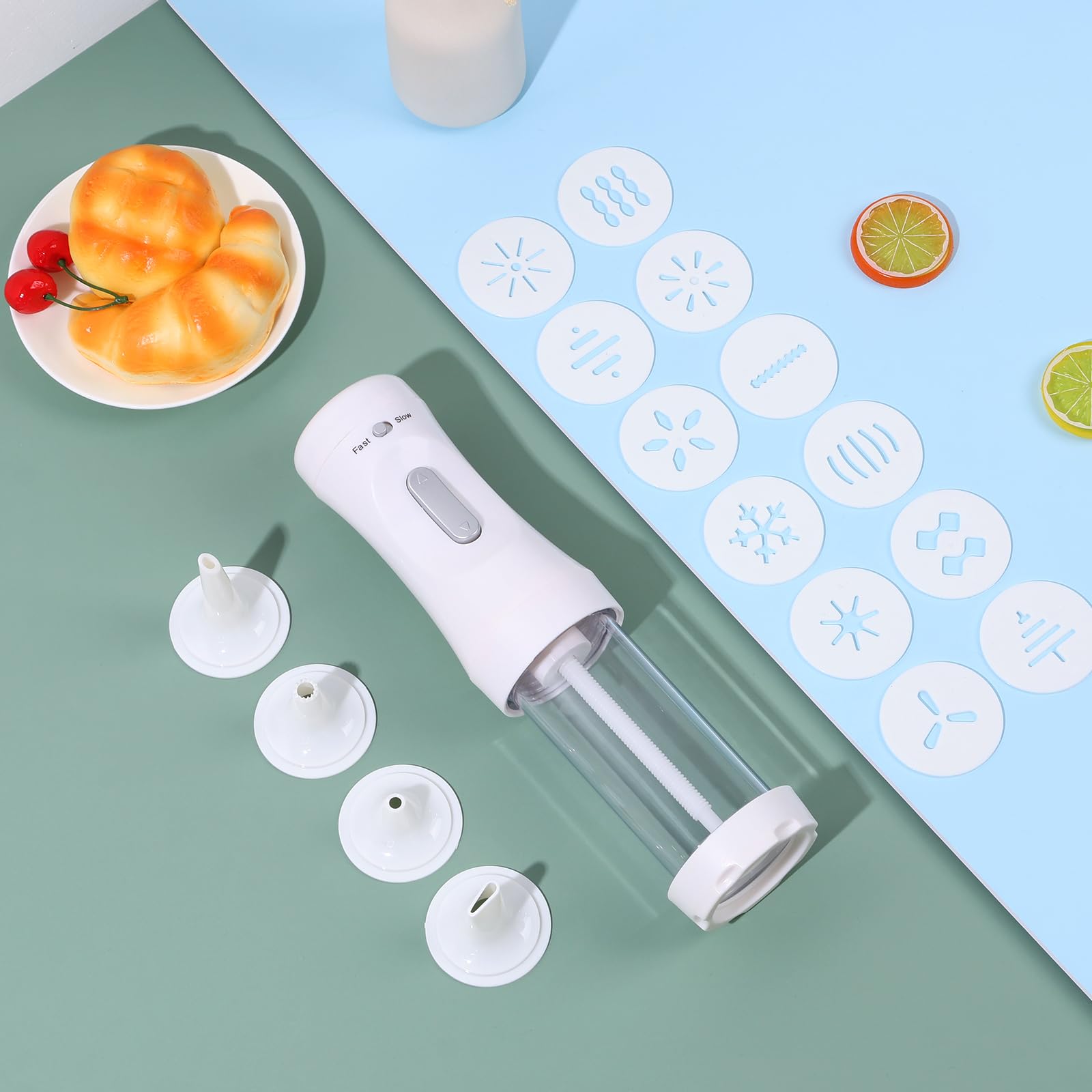 Electric Cookie Press Kit - 12 Cookie Discs & 4 Icing Nozzles for Baking, Decorating Homemade Cookies | Detachable White Transparent Design | Perfect for Holiday Baking, Birthday Parties & DIY Cookie Decorating