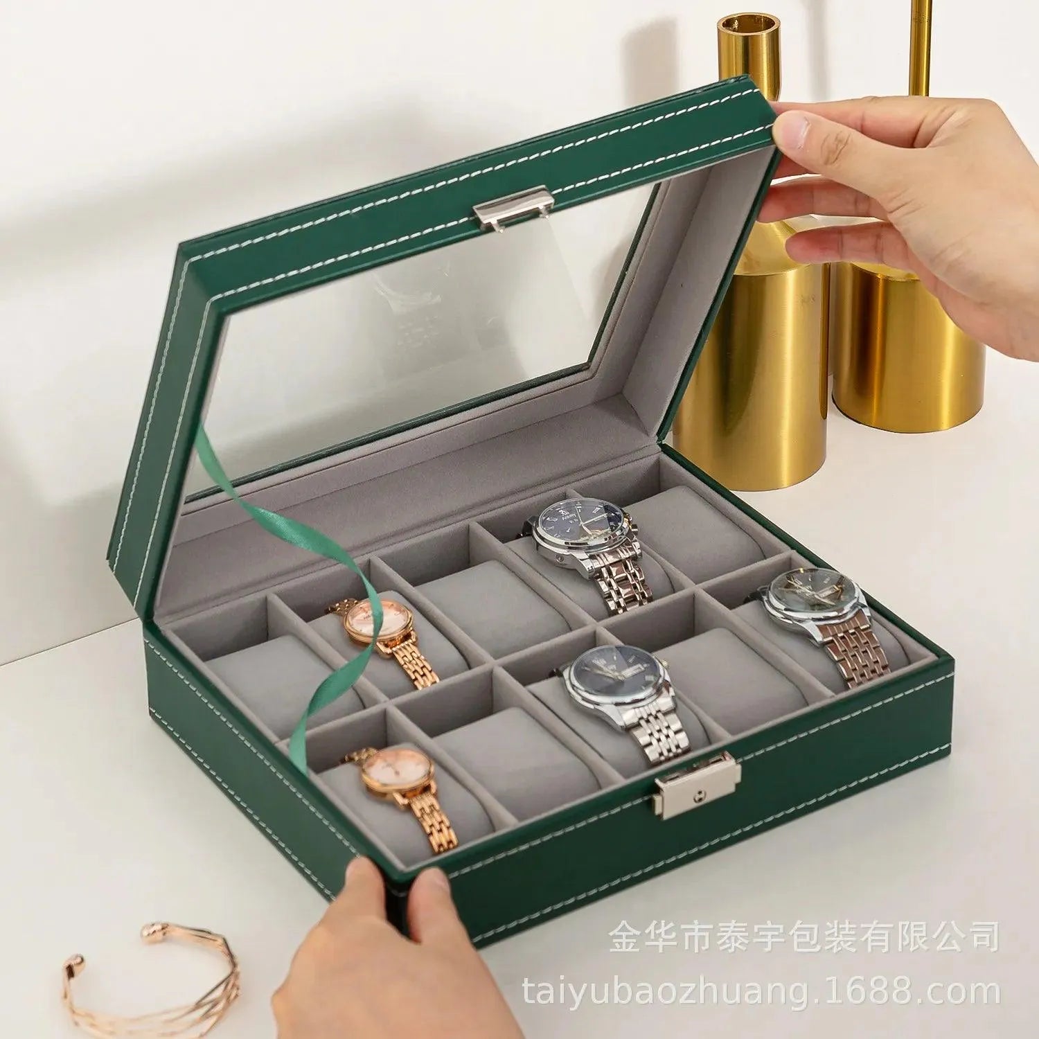 Premium PU Leather Watch Box Organizer - 6/10/12 Grids Display Case with Lock for Jewelry & Watches Storage | Perfect for Watch Collectors, Jewelry Organization & Gift Presentation