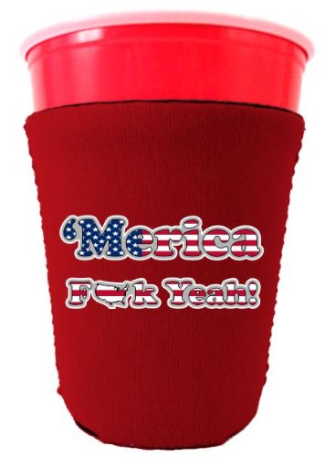 Merica F Yeah Patriotic Red Party Cup Koozie - Keep Drinks Cold at BBQs, Tailgates & 4th of July Celebrations