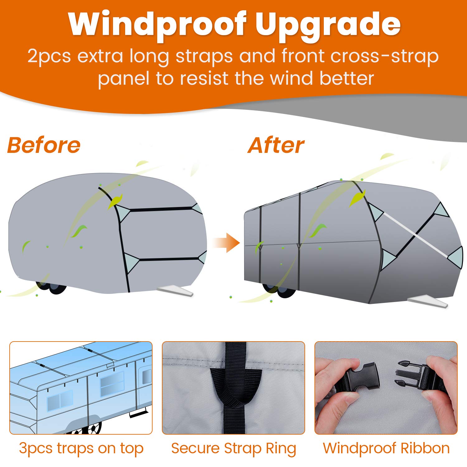 Upgraded 300D Ripstop Diamond Travel Trailer RV Cover 24'-27' - Waterproof Camper Cover with Adhesive Repair Patch | Heavy-Duty Protection for Outdoor Storage & Winter Use