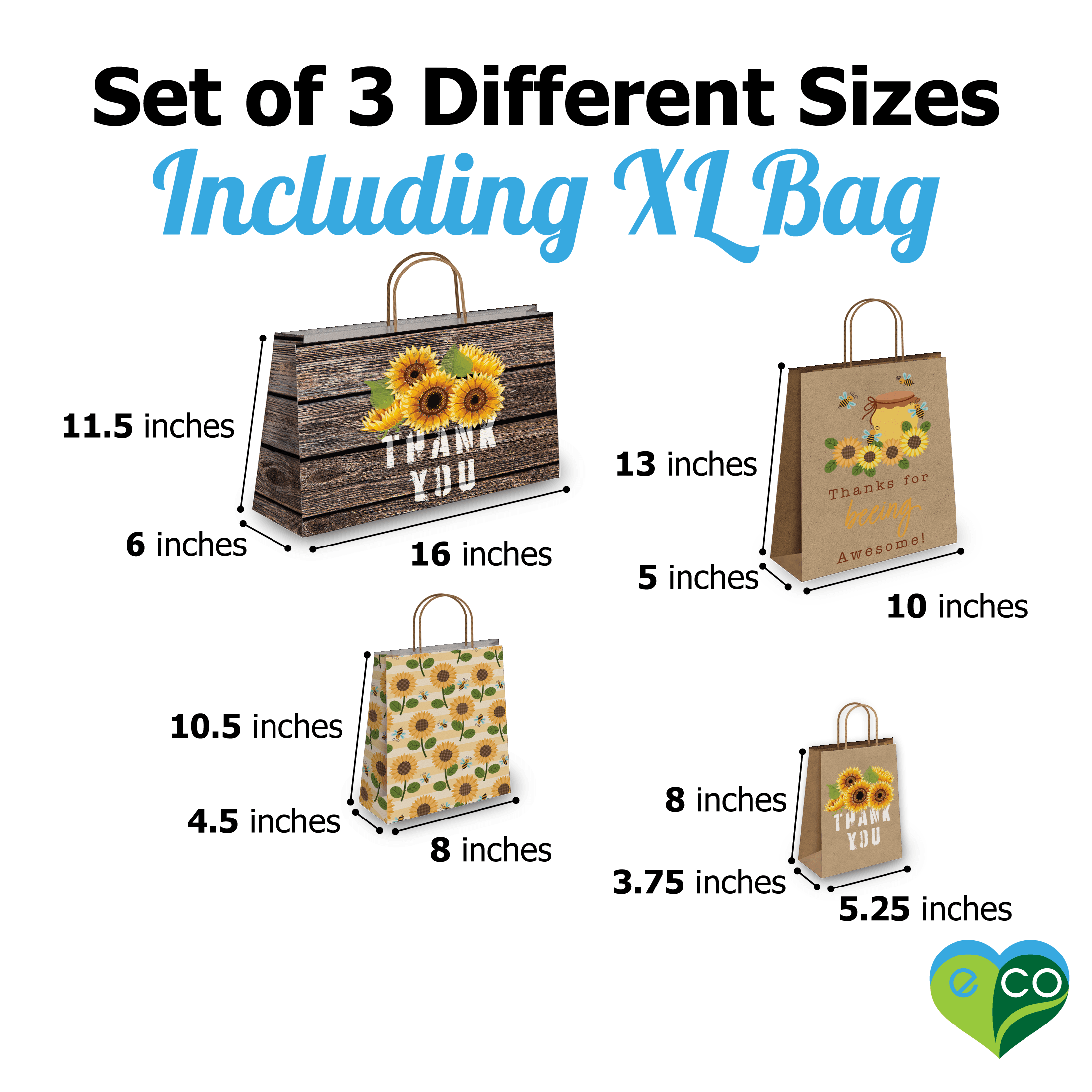 Eco-Friendly Sunflower Kraft Gift Bags - Assorted Sizes (5-Pack) - Perfect for Birthday Parties, Baby Showers & Wedding Favors