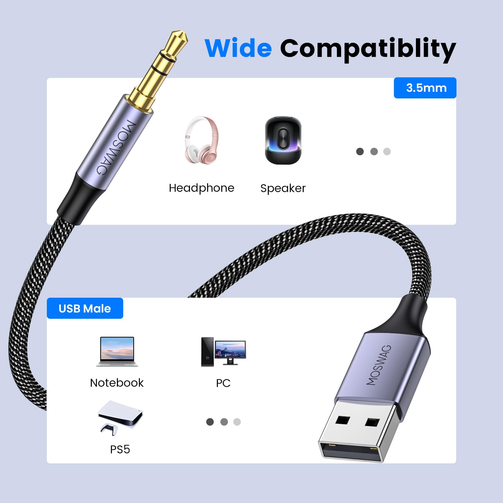 MOSWAG USB to 3.5mm Audio Jack Adapter Cable - 3.28FT Nylon Braided USB Male to AUX Stereo Converter for PC, Laptop, Speaker & Headphones - Compatible with Windows, Mac OSX - Perfect for Home Office, Gaming & Music Streaming