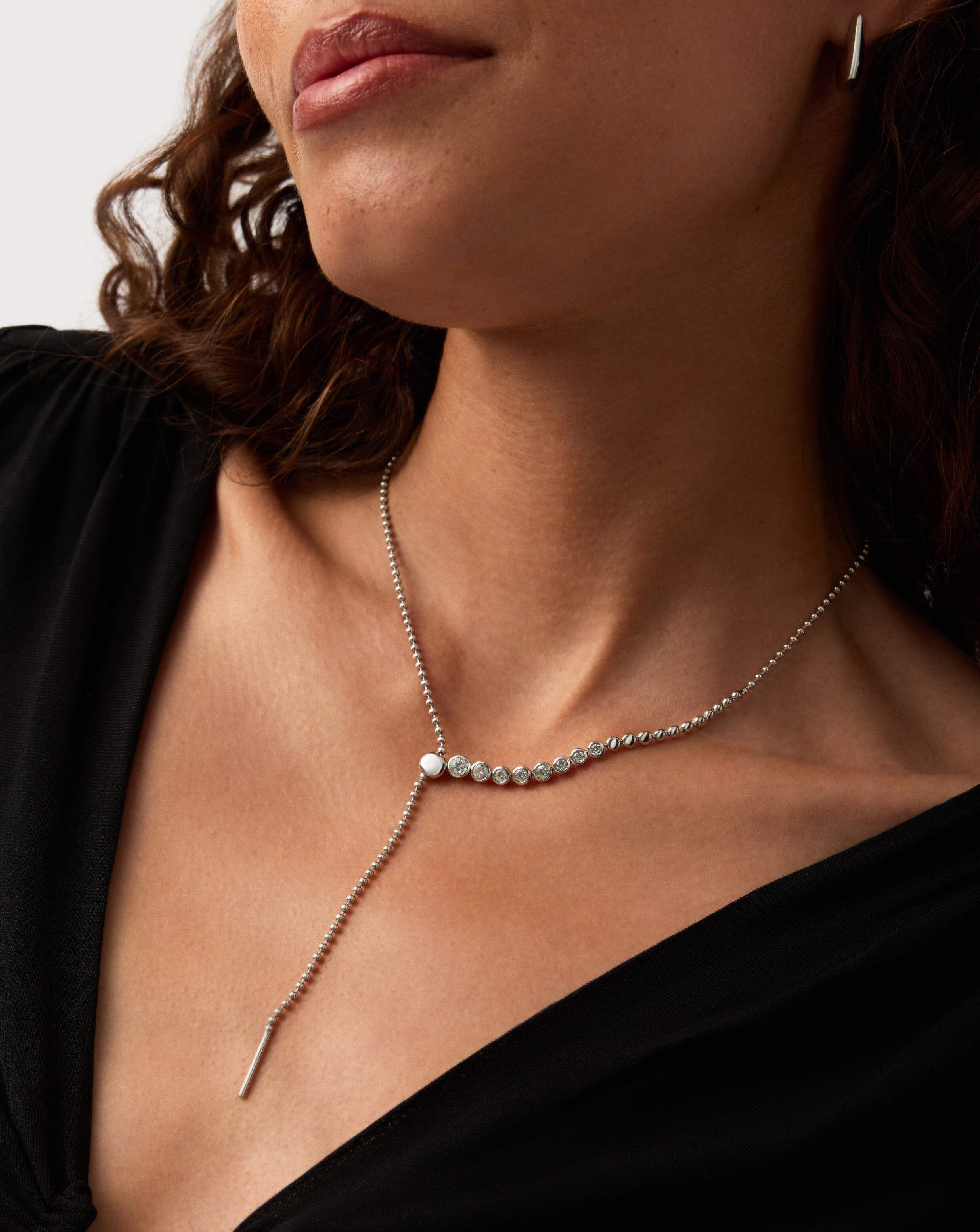 Elegant Beaded Stone Slider Lariat Necklace - Sterling Silver Cubic Zirconia Pendant for Women | Perfect for Weddings, Parties & Evening Events