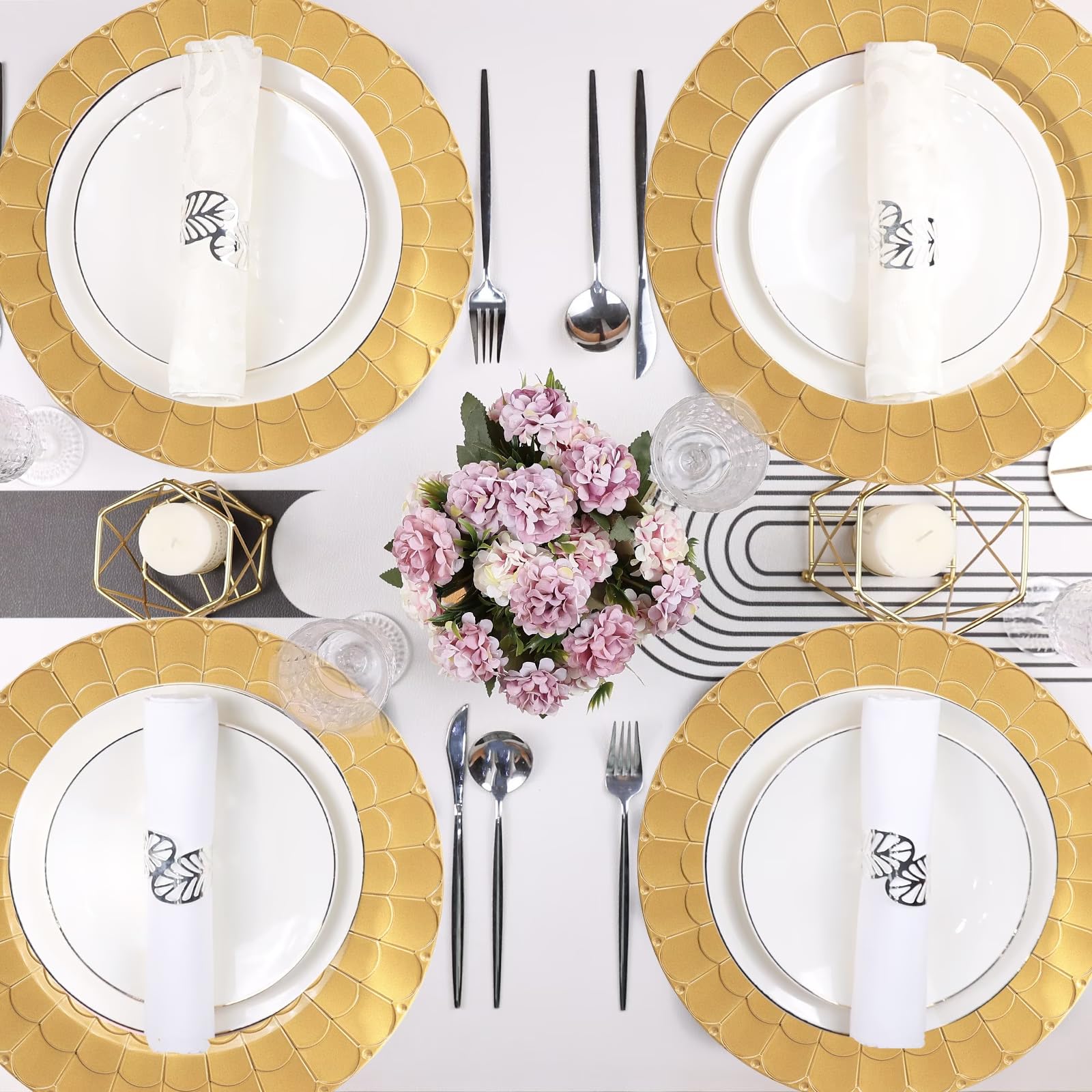 12-Pack Gold Plastic Charger Plates - Elegant Decorative Dinner Plates for Holiday Table Settings, Thanksgiving & Christmas Celebrations - Perfect for Weddings, Parties & Formal Dining Events