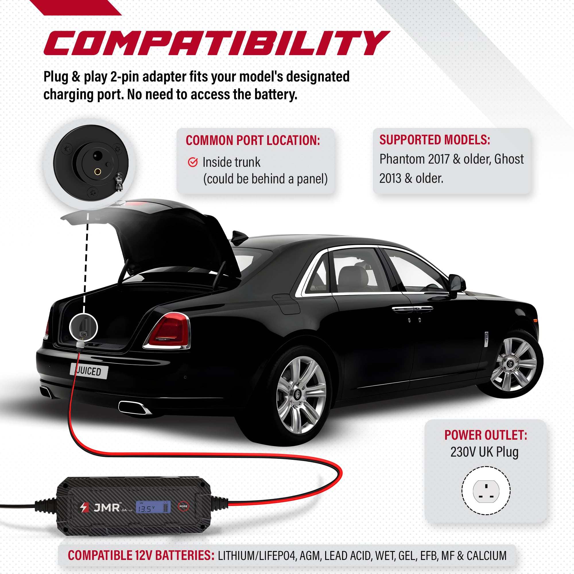 Rolls-Royce Ghost Phantom Battery Charger & Maintainer - 2-Pin Port Trickle Charger with Lithium Mode | Car Battery Conditioner for Long-Term Storage & Winter Protection