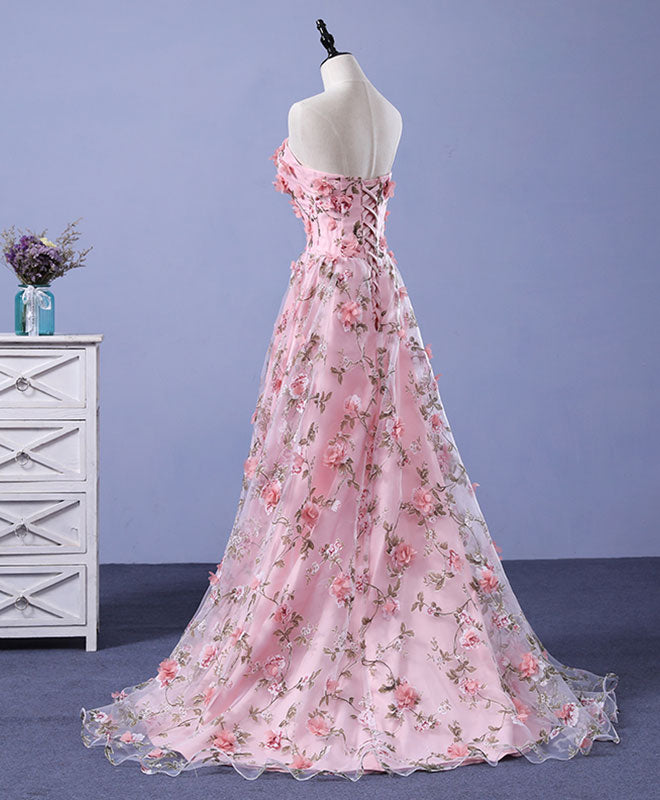 Elegant Pink Tulle 3D Flower Long Prom Dress for Women - Stunning Graduation Gown with Floral Details | Perfect for Prom Night, Homecoming, and Formal Events