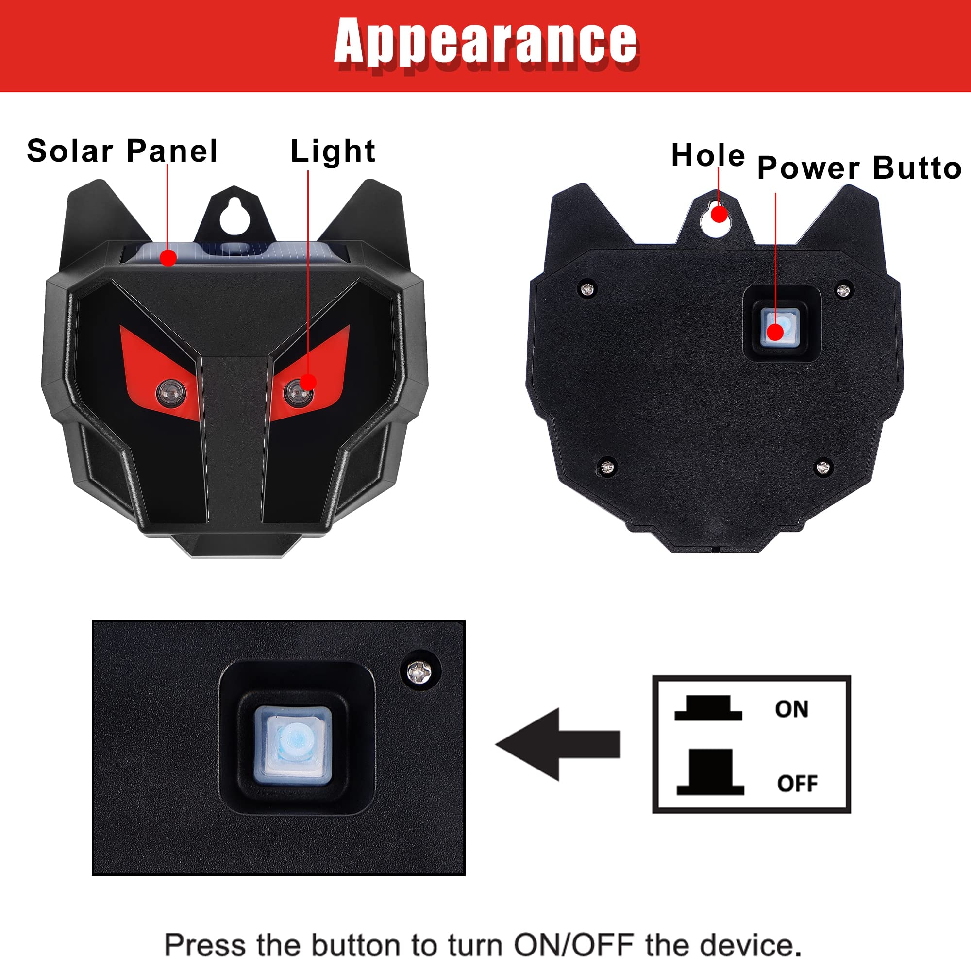 Solar Animal Repellent with Red LED Blinking Lights - Set of 4 Predator Eye Deterrents to Scare Away Raccoons, Deer, Skunks, Cats & Coyotes - Perfect for Yards, Farms, Gardens & Chicken Coops Protection