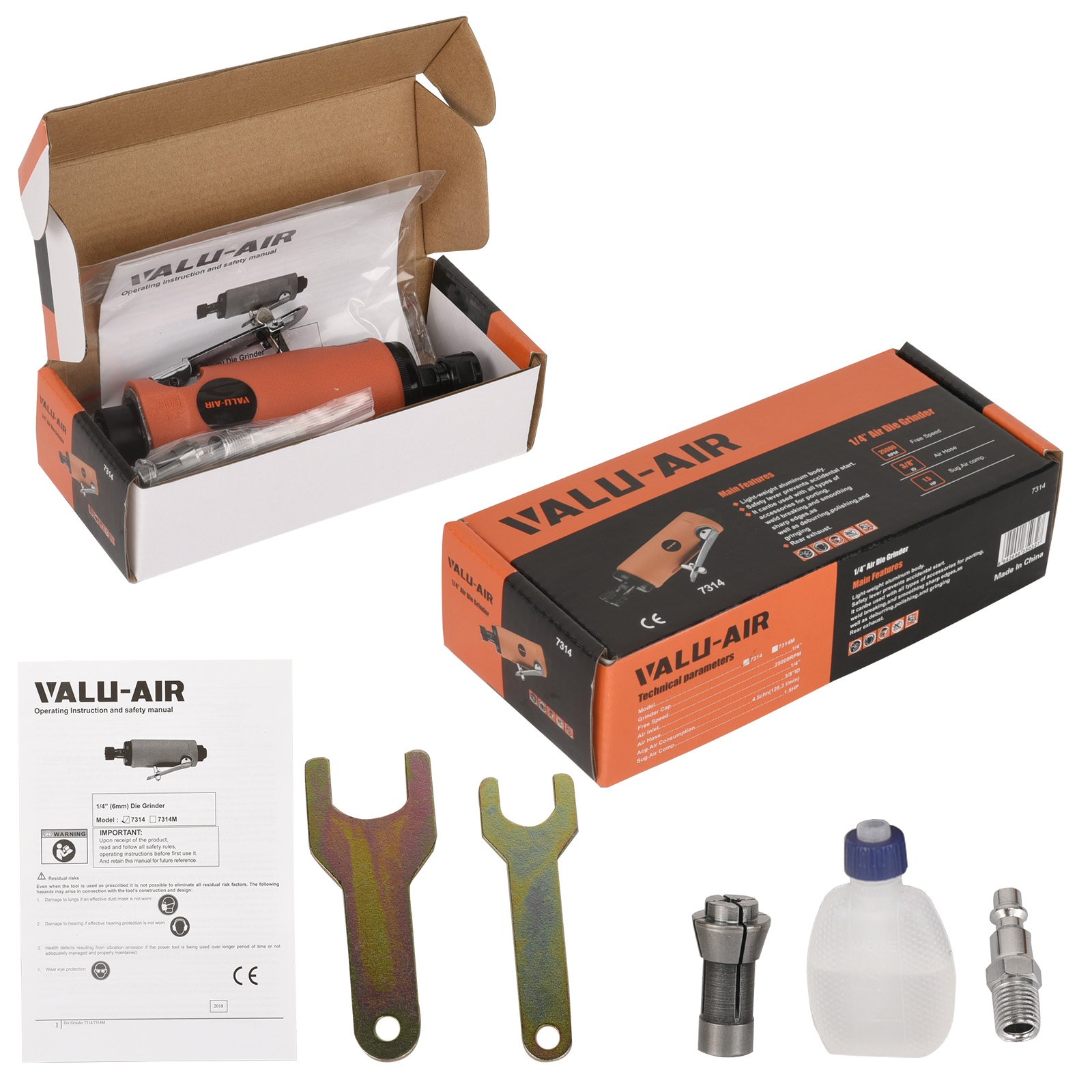 Valu-Air 7314 1/4-Inch Compact Straight Air Die Grinder - High Speed Pneumatic Tool for Metal Polishing, Wood Carving & Automotive Detailing