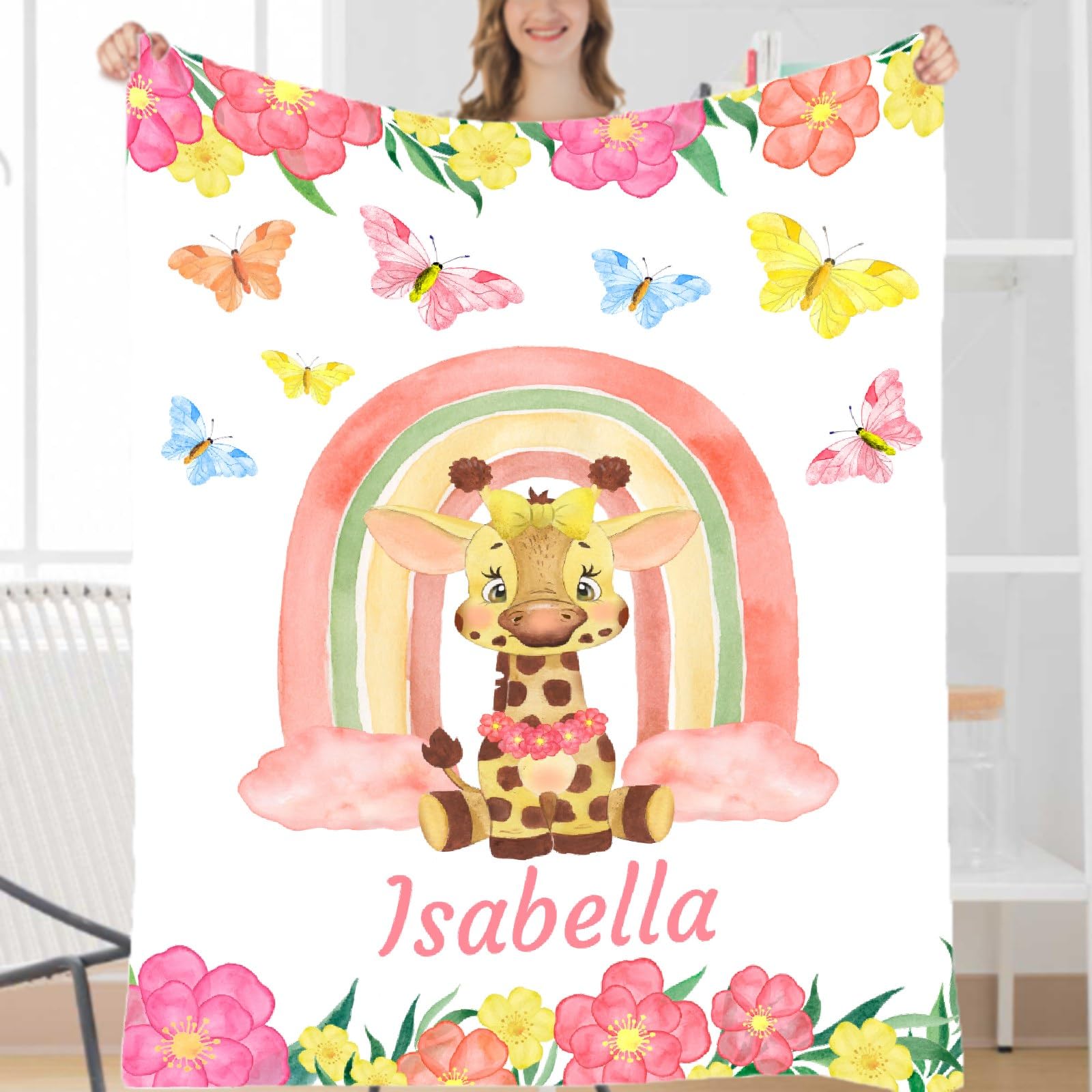 Personalized Baby Blankets for Girls & Boys - Custom Name Embroidered Fleece Blanket - Soft Cozy Deer Print Throw for Newborns - Perfect Baby Shower Gift & Nursery Essential (XL Size) - Great for Cuddling, Swaddling & Family Photo Props