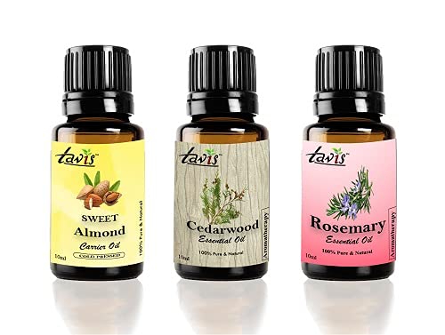 Pure Tavis Sweet Almond Oil, Cedarwood Oil & Rosemary Oil for Hair Growth, Skin Care & Aromatherapy - Natural Essential Oils for Massage, DIY Beauty & Relaxation