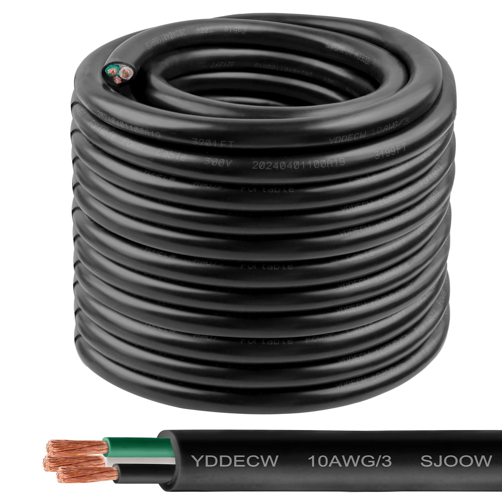 100ft 10/3 10 AWG SJOOW 300V Portable Power Cable - Heavy Duty 10 Gauge 3 Conductor Black Electric Wire for Motors, Generators, Battery Chargers - Ideal for Construction Sites, Workshops & Outdoor Power Equipment