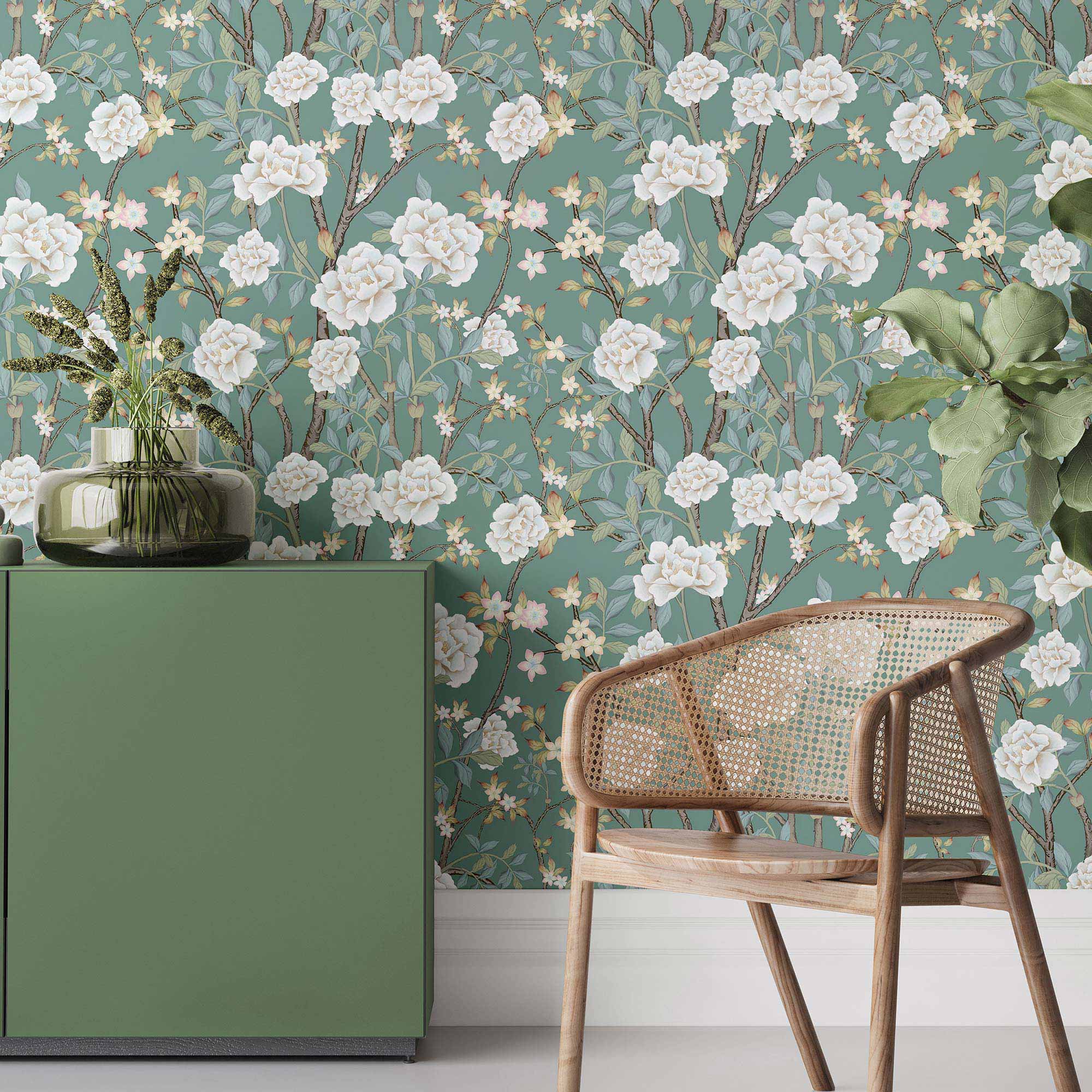 Green Flowers Peel and Stick Removable Wallpaper 2863 - Self-Adhesive Wall Decor for Bedroom, Living Room & Nursery - Easy DIY Home Decoration