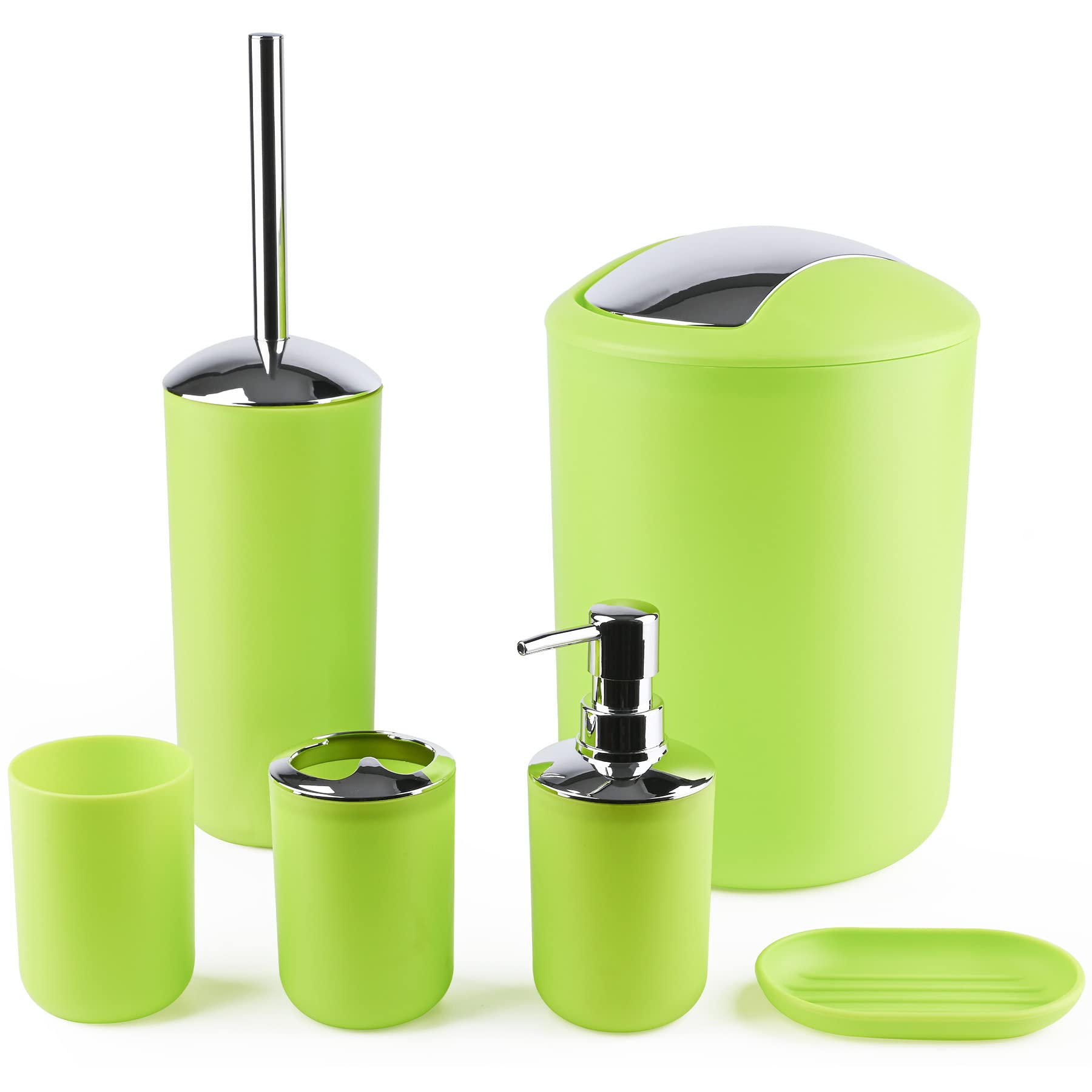 6-Piece Bathroom Accessories Set - Plastic Toothbrush Holder, Cup, Soap Dispenser, Dish, Toilet Brush Holder & Trash Can - Green Bathroom Decor for Home, Apartment & Dorm Use