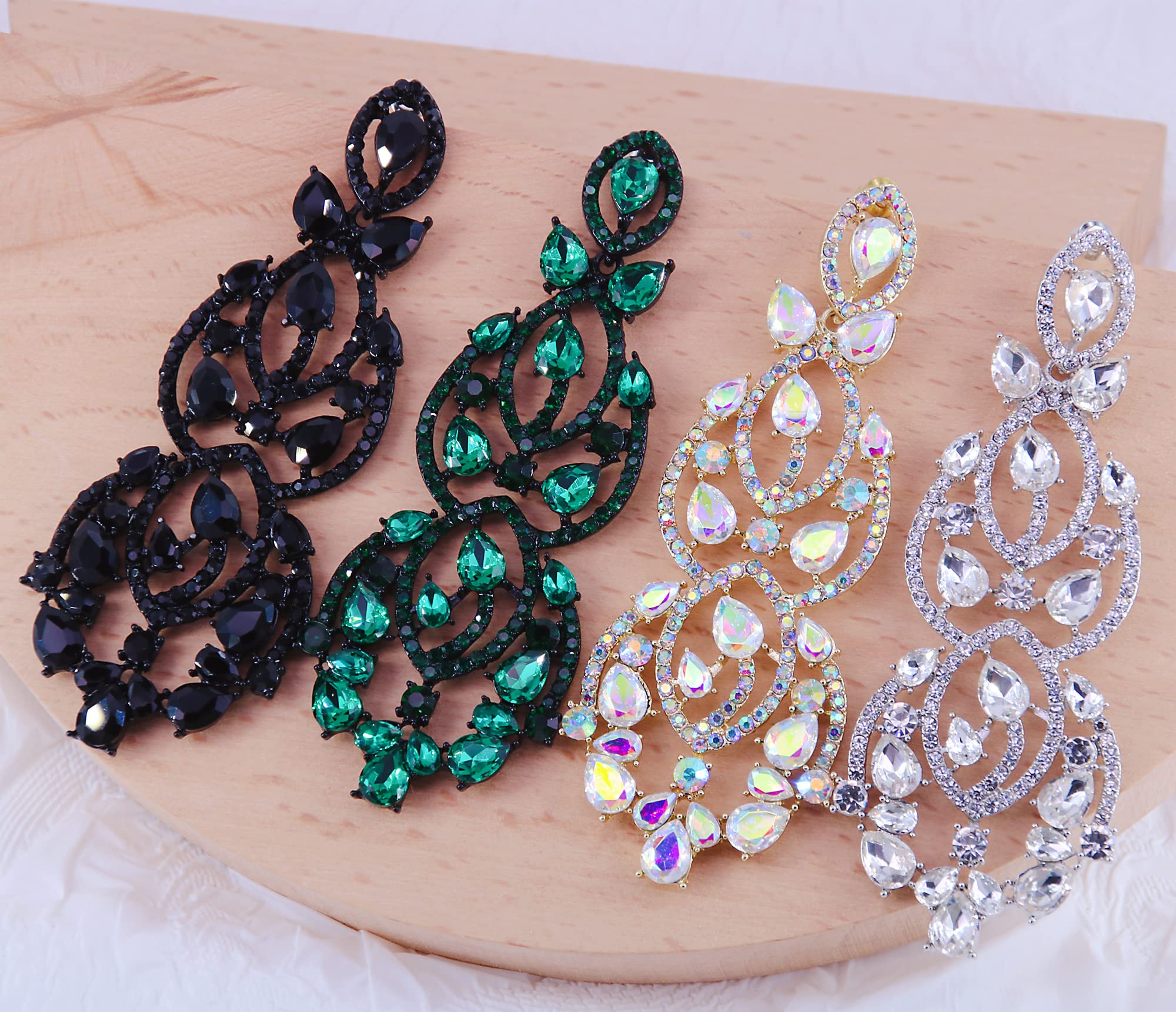 Art Deco Style Crystal Geometric Chandelier Earrings for Women - Large Hollow Tear Drop Dangle Earrings for Party, Wedding & Evening Events