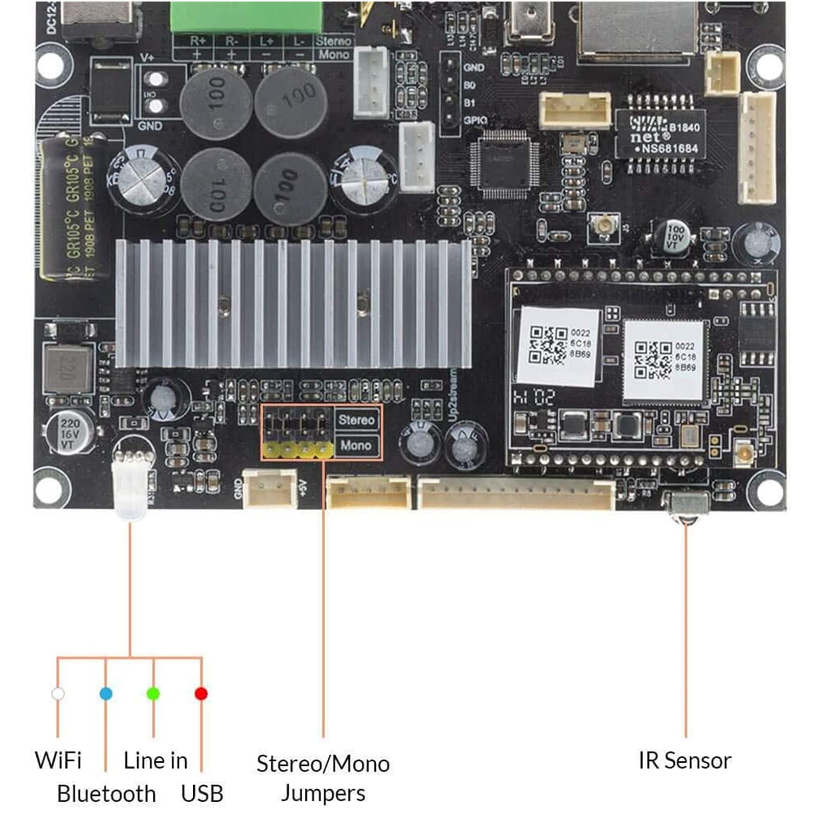 Arylic Up2stream Amp V4 - 50W x 2 Stereo WiFi Bluetooth Amplifier with AirPlay & Spotify Connect | Multi-Zone Streaming Board for DIY Speakers | Perfect for Home Theater, Smart Speakers & Audio Projects