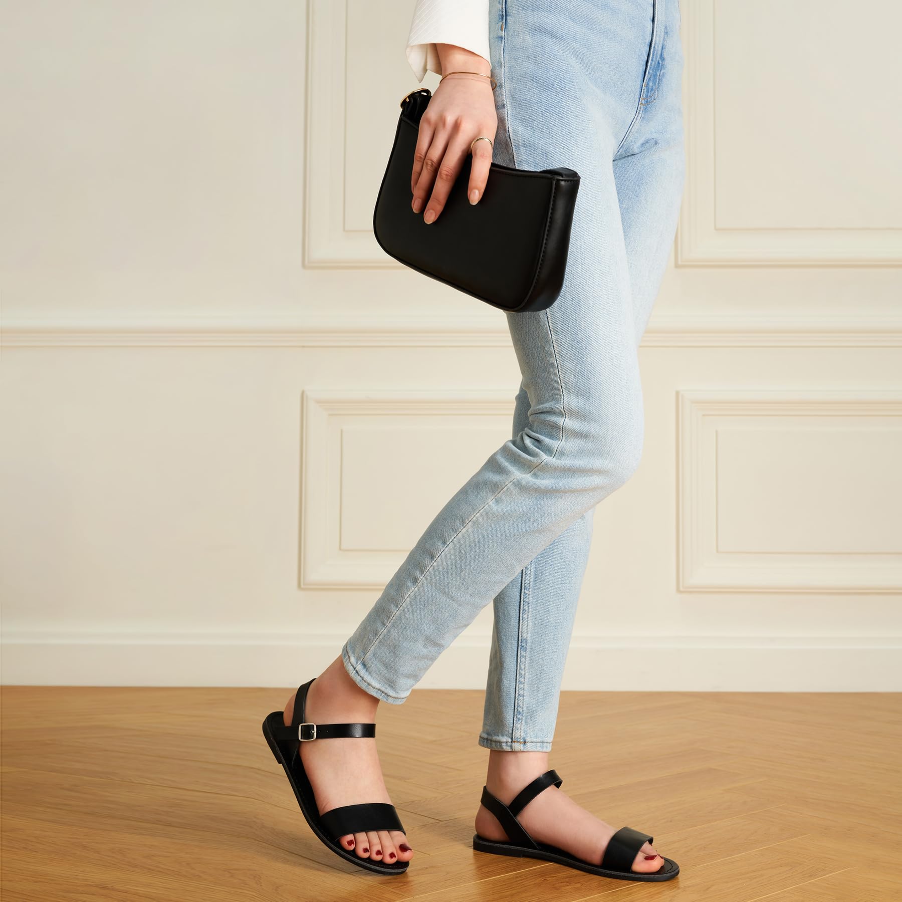 Stylish Women's Leather Gladiator Sandals with Adjustable Metal Buckle - Two-Tone Open-Toe Summer Sandals for Weddings & Dressy Occasions | Comfortable Ankle Strap Flat Sandals for Women