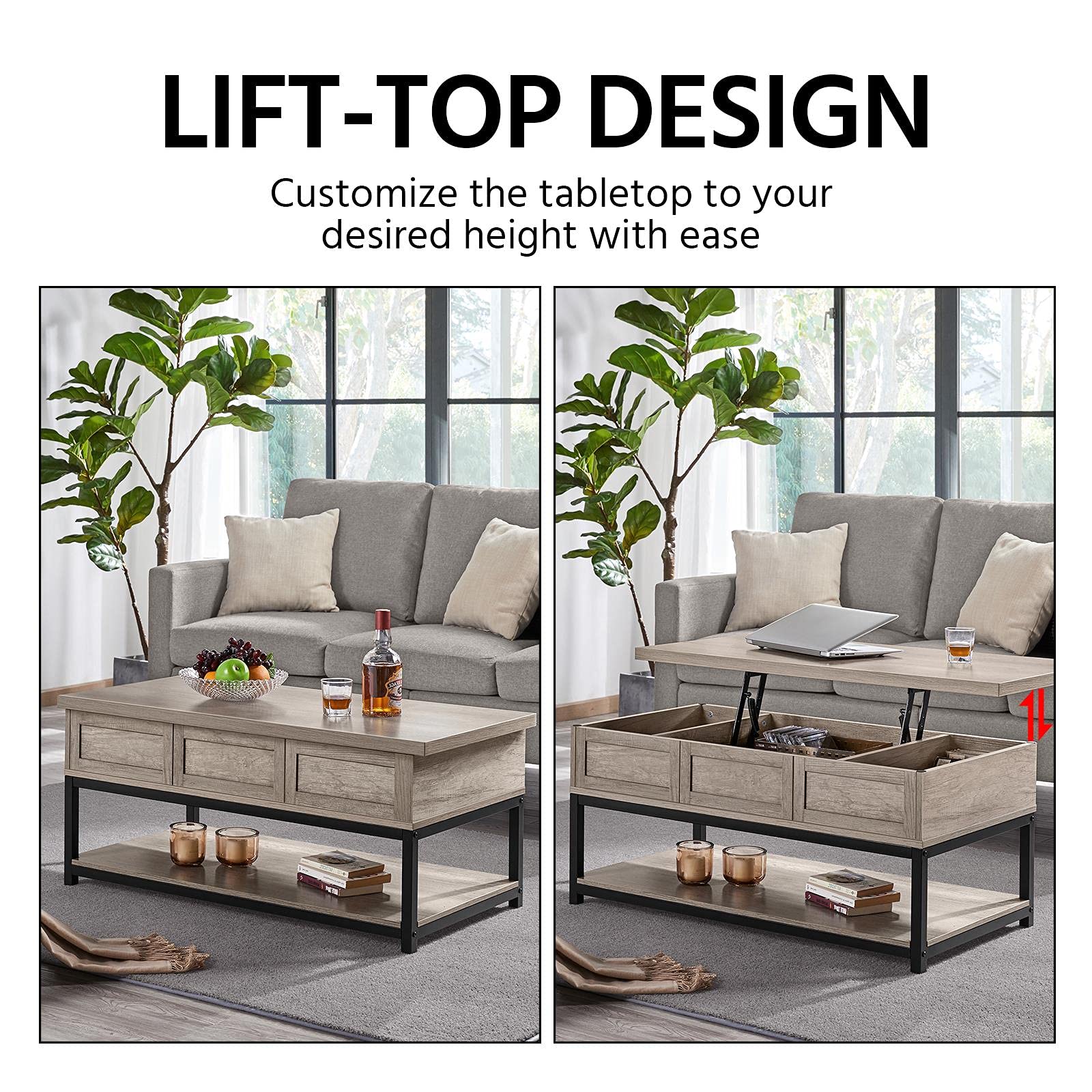 Yaheetech Lift Top Coffee Table with Hidden Storage & Open Shelf, Adjustable Height 18-23 Inches - Modern Gray Cocktail Table with Metal Frame for Living Room, Reception Area | Perfect for Entertaining, Remote Work & Small Space Living