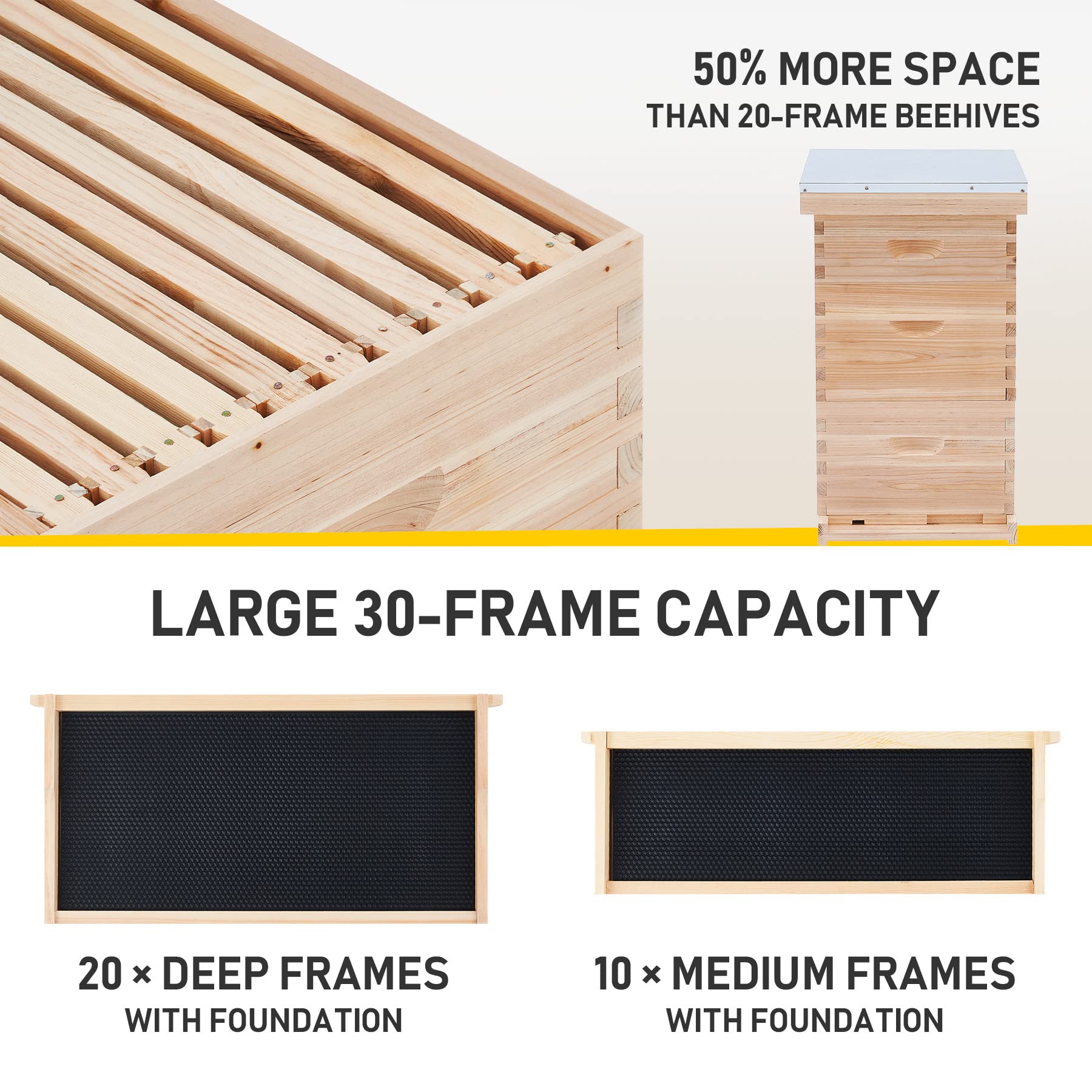 CREWORKS Langstroth Beehive Starter Kit - 3 Layer Bee Hive Box with 10 Medium & 20 Deep Frames, Foundations, Plastic Queen Excluder & Nails - Complete Beekeeping Supplies for Beginners & Professionals | Perfect for Honey Production, Pollination & Backyard Beekeeping