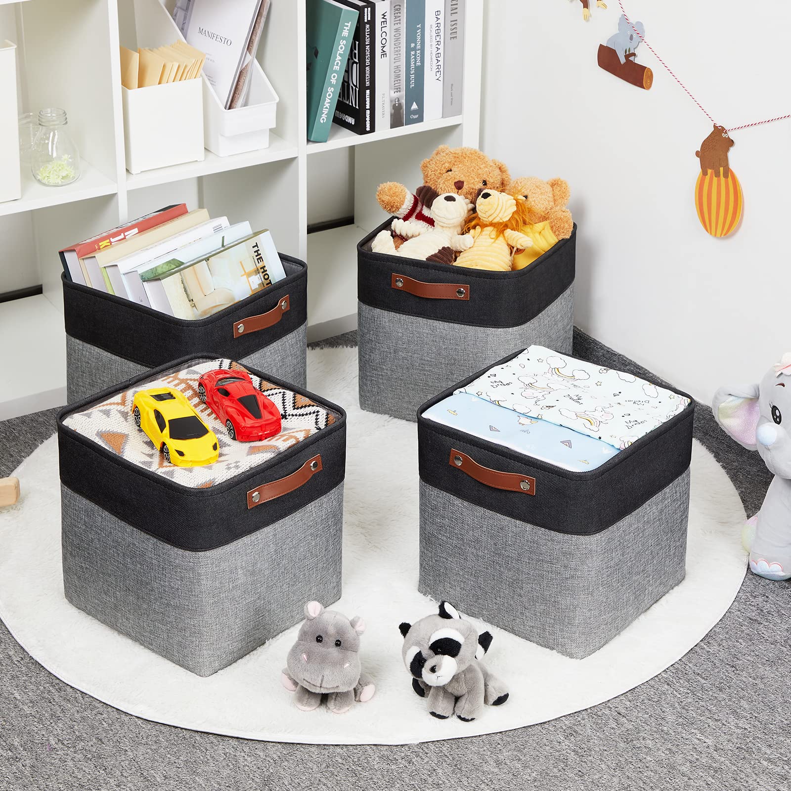 HNZIGE 11x11 Inch Fabric Cube Storage Bins - Set of 4 Foldable Organizer Baskets with Handles for Shelves, Closet, Nursery & Bedroom - Perfect for Home, Toy & Clothes Organization (Black & White)