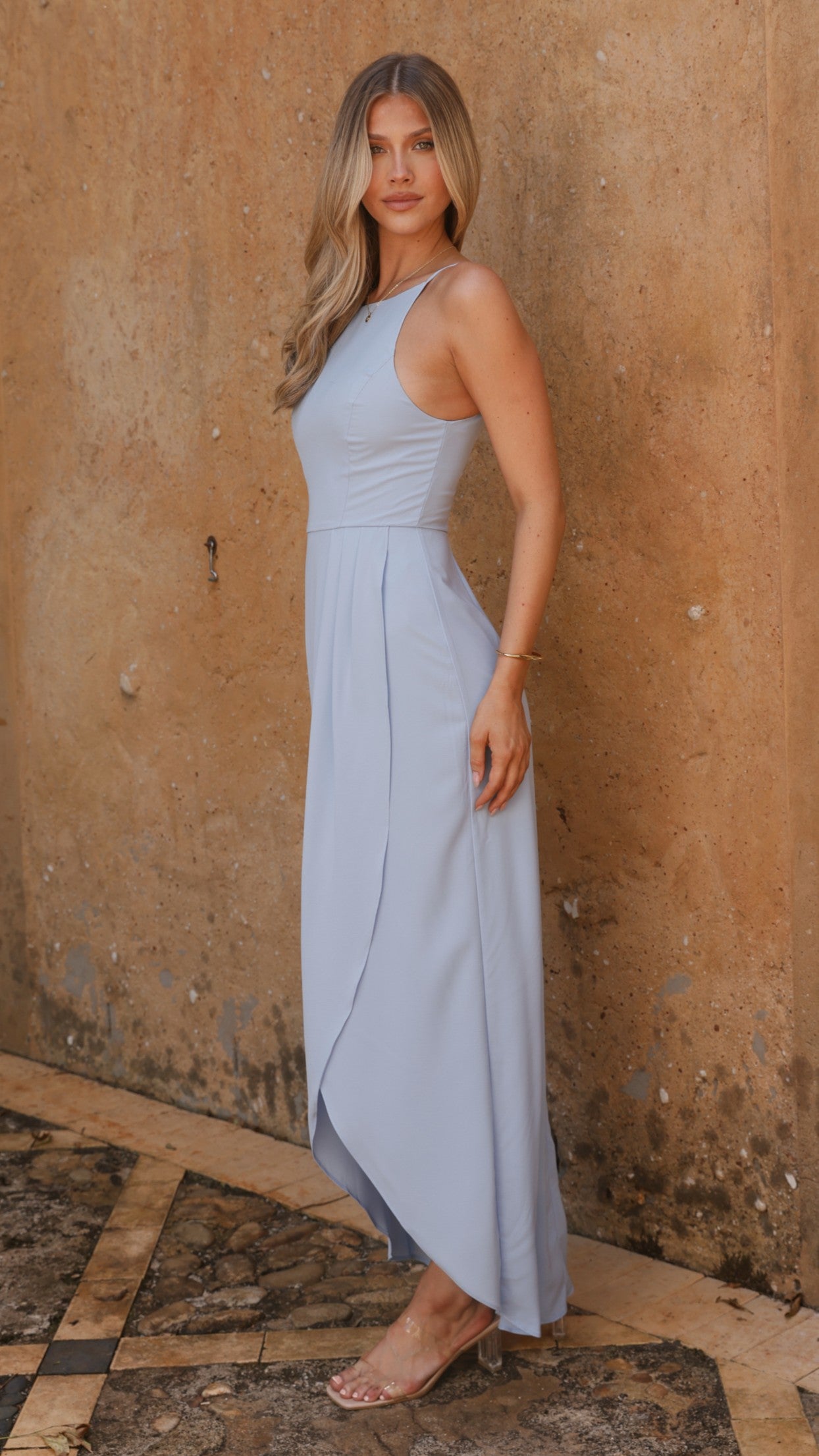 Elegant Genevieve Boat Neck Maxi Dress in Blue - Perfect for Summer Weddings & Beach Vacations