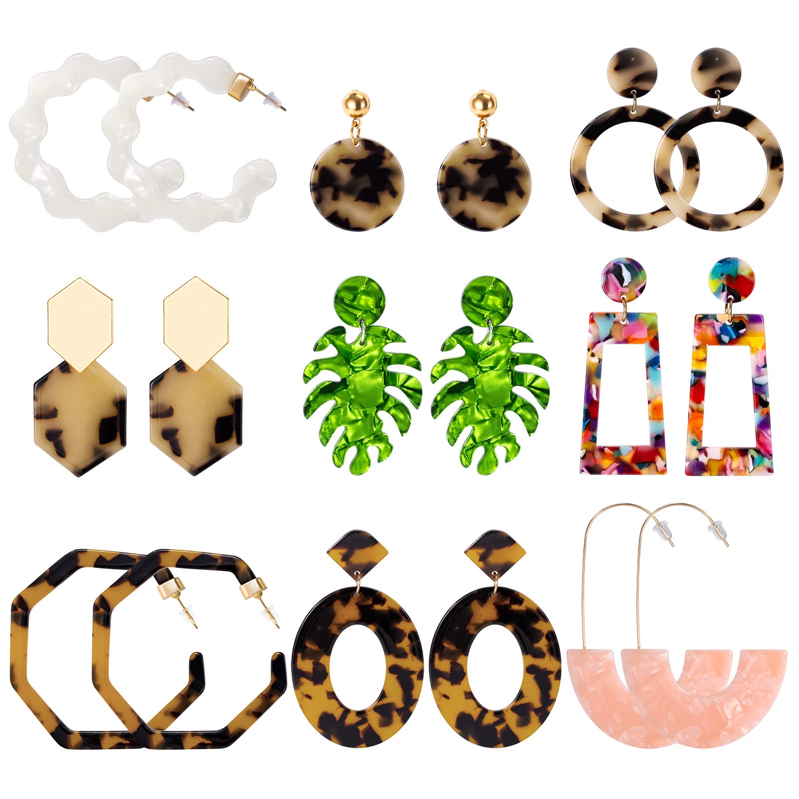 Bohemian Acrylic Leaf Earrings for Women – 9 Pairs of Stylish Hoop, Stud & Dangle Earrings | Perfect for Casual Wear, Parties & Gift Giving